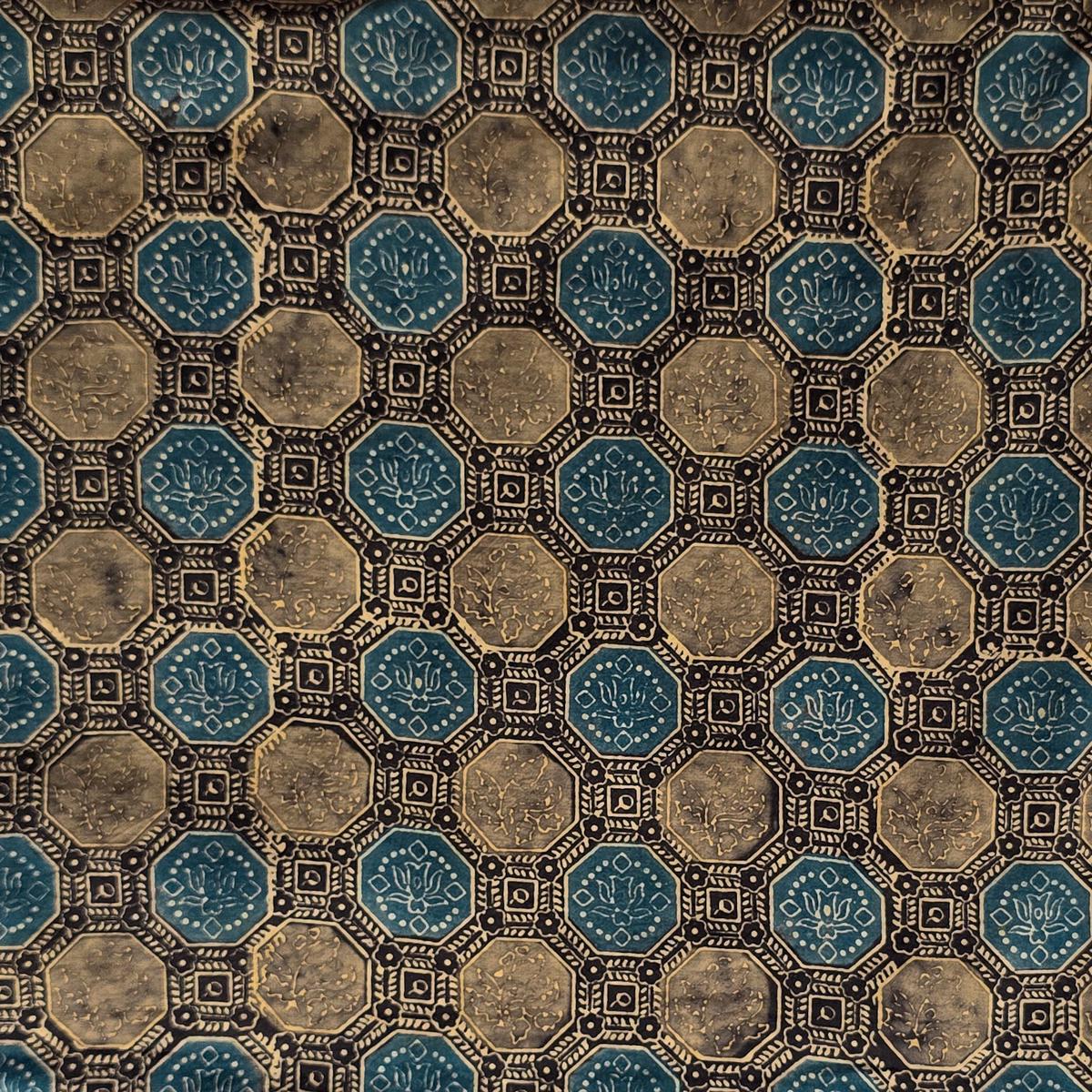 Pure Cotton Teen Kaam Ajrak Rust Black With Rust Blue geometric circle Design Hand Block Print Fabric