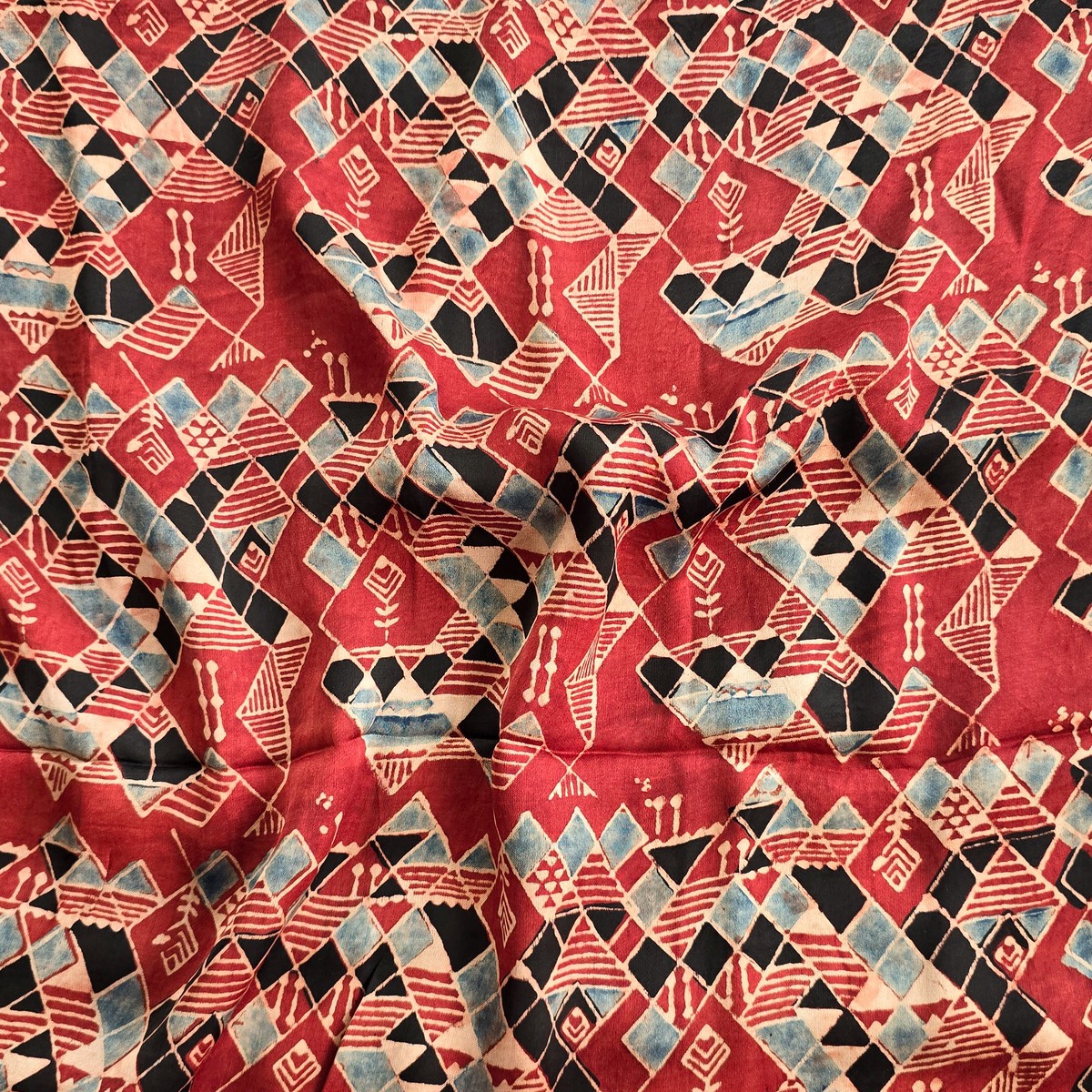 Modal Silk Red With Rust Blue Gemotrical Design Fabric