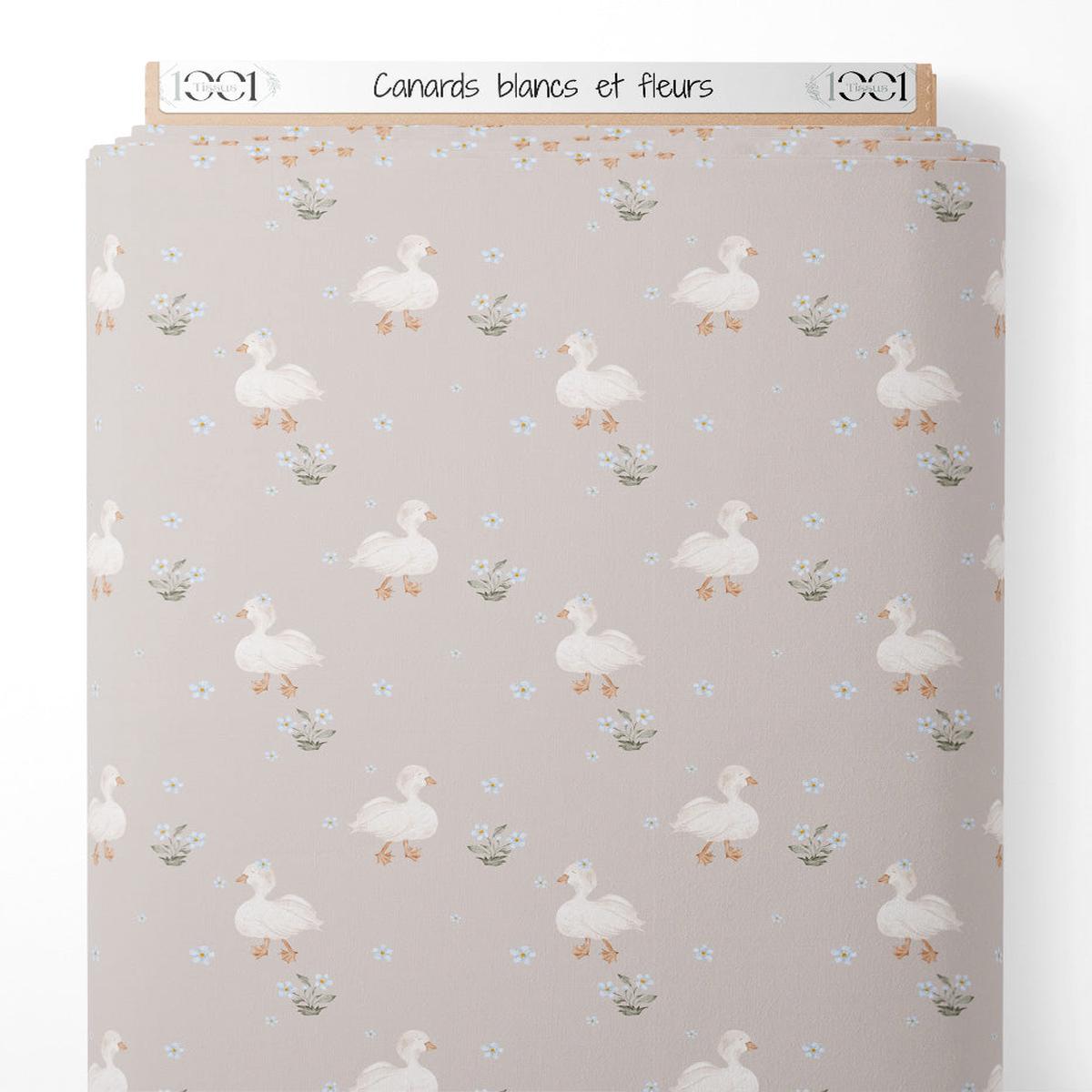 Tissu - Canards blancs et fleurs