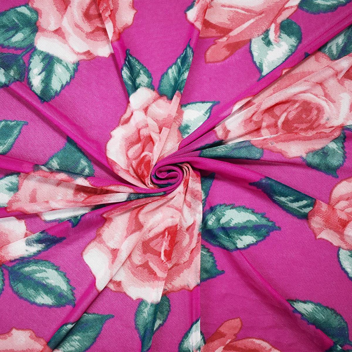2 YD PC-Pink-Multi Poly Stretch Spandex Floral Printed Mesh Knit Fabric