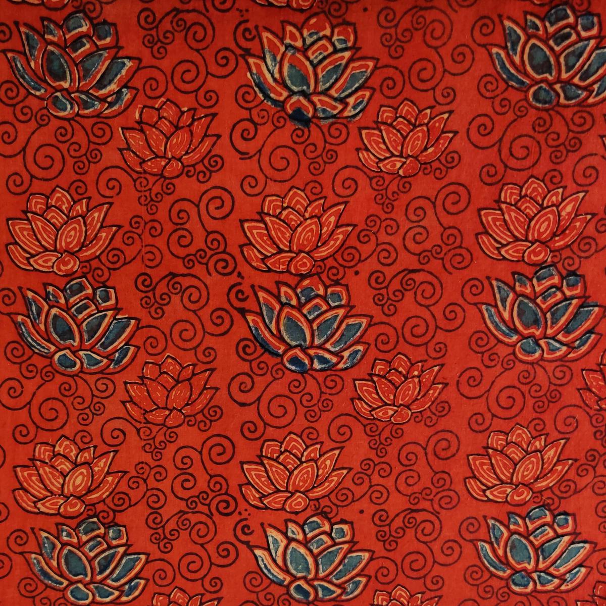 Pure Cotton Ajrak Madder With Blue Flower Curvy Jaal Hand Block Print Fabric