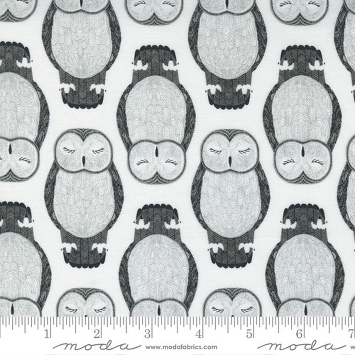 White and Grey Owl Night Fabric, Nocturnal Moon Collection by Moda Fabrics