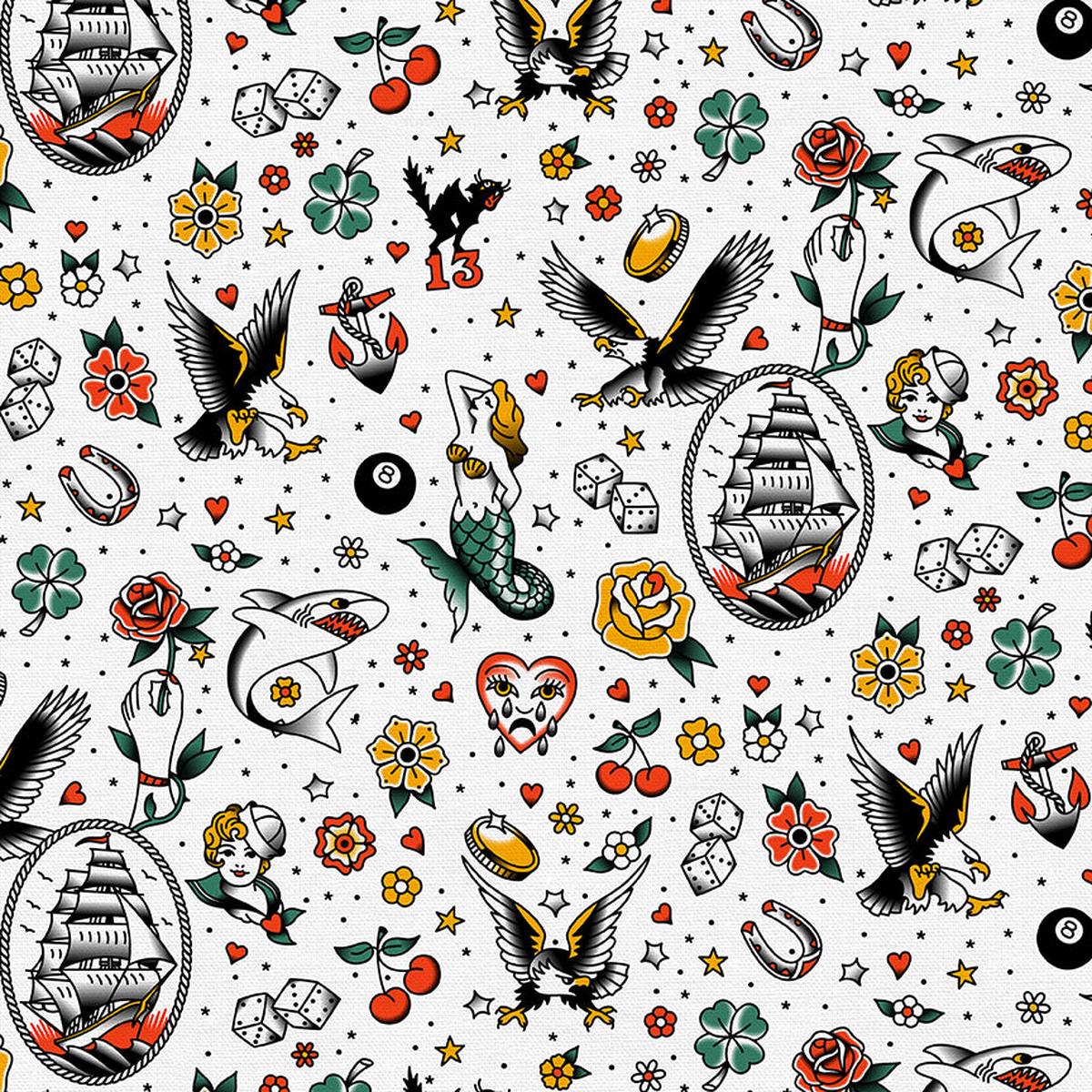 Tattoo Toss - White - Quilting Cotton