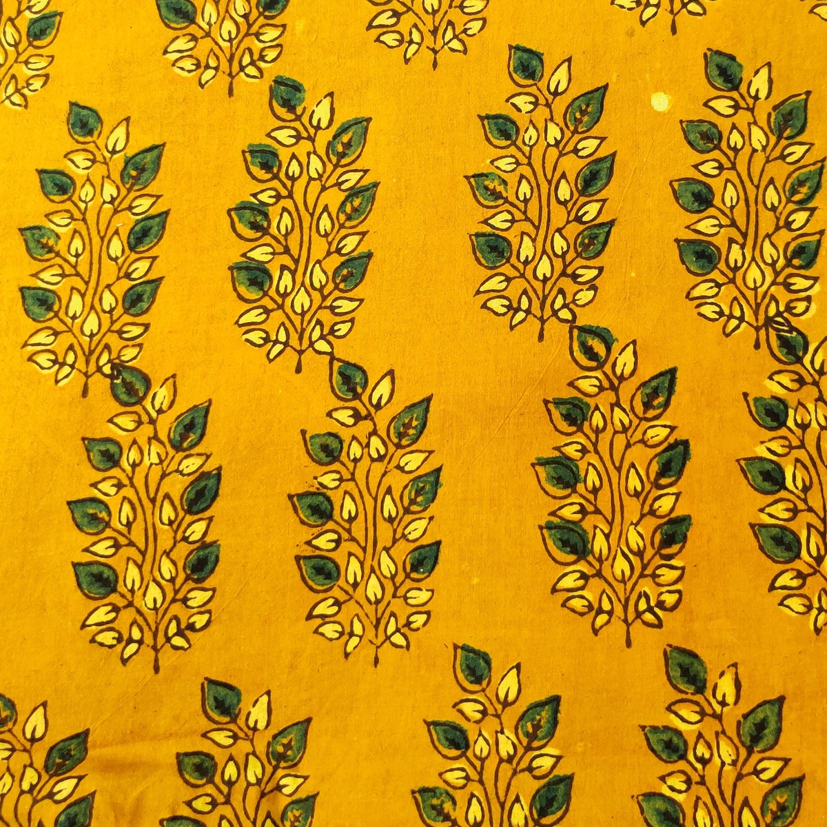 Pure Cotton Ajrak Turmeric Dyed With Green Leafy Plant Hand Block Print