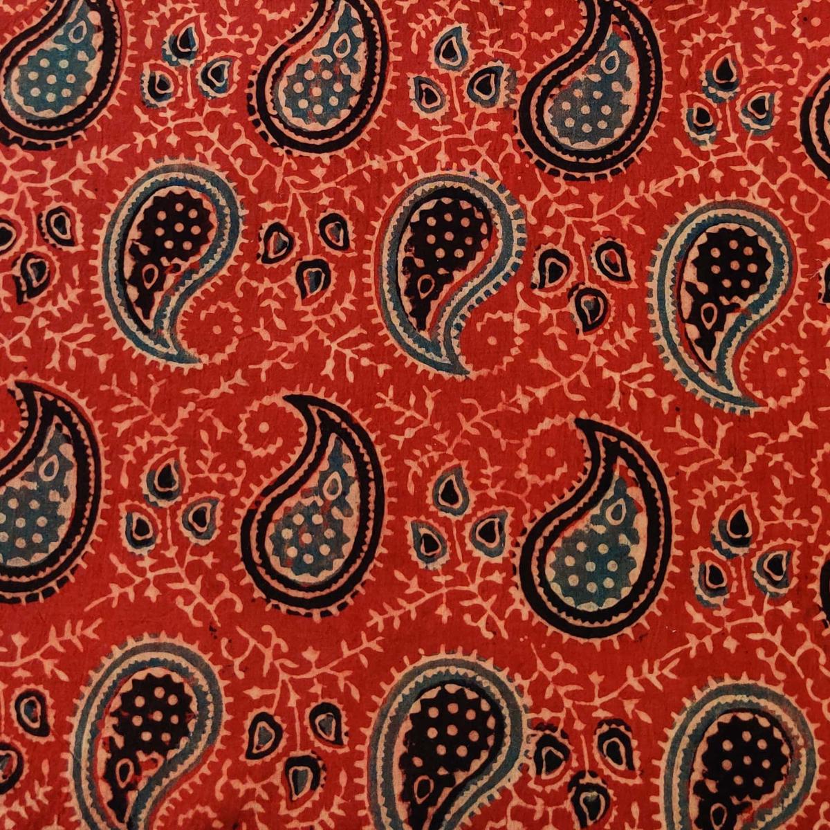 Pure Cotton Ajrak Rust With Black And Blue Kairi Jaal Hand Block Print Fabric
