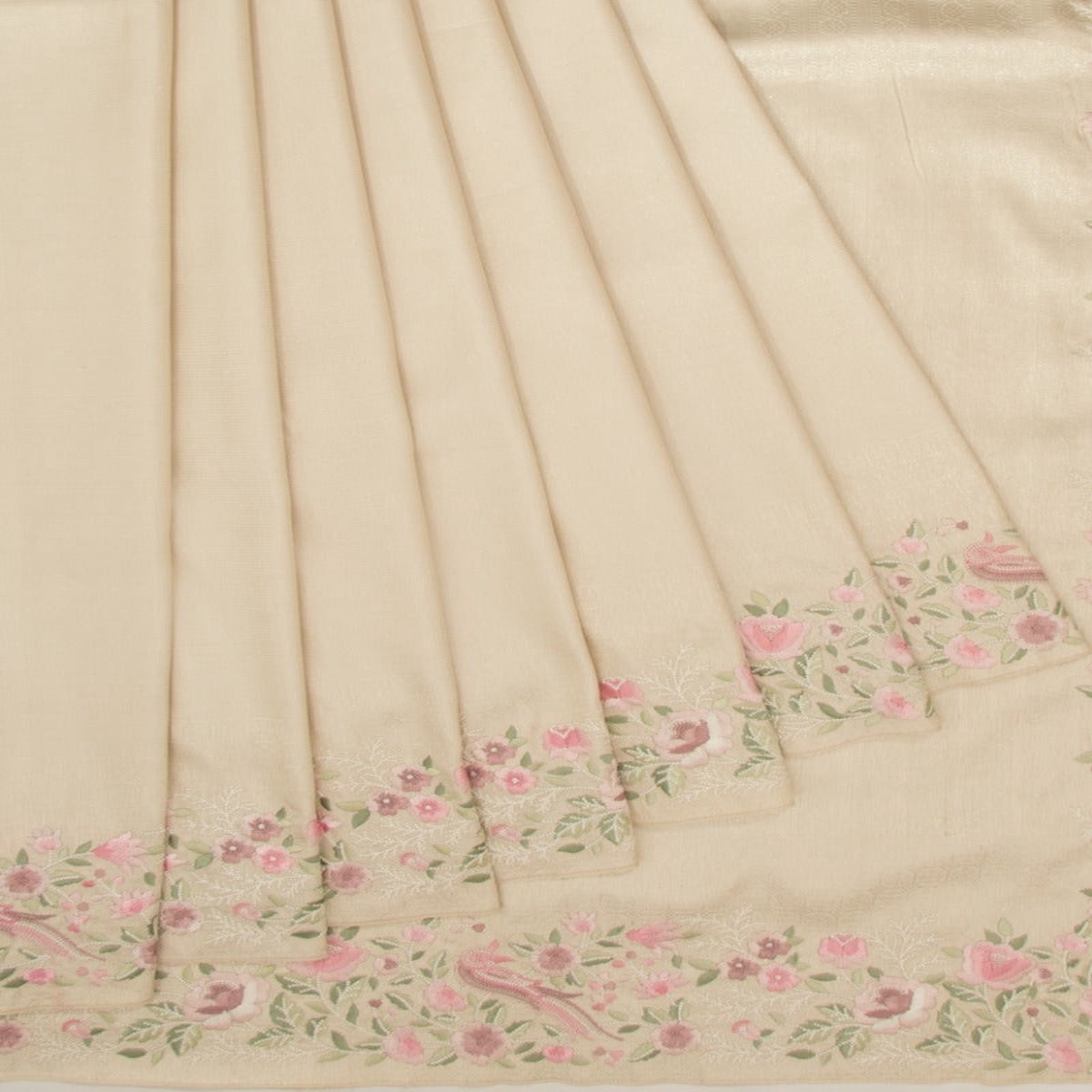 Kanchipuram Silk Floral Embroidery Cream Saree