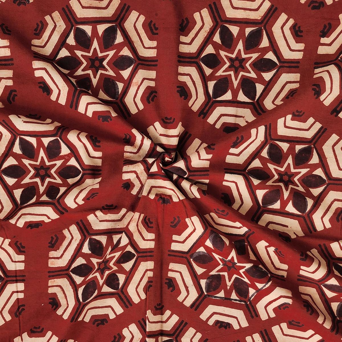 Pure Cotton Ajrak Red With Cream Big Geometrical With Intricate Design Hand Block Print Fabric