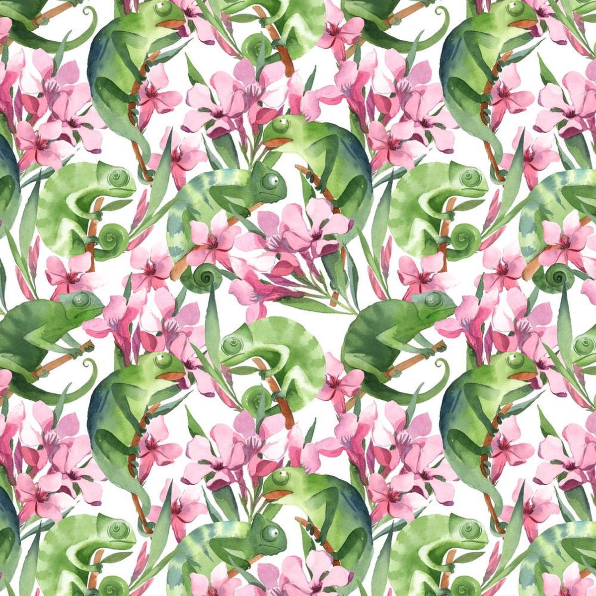 Watercolor Chameleons & Tropical Flowers Fabric