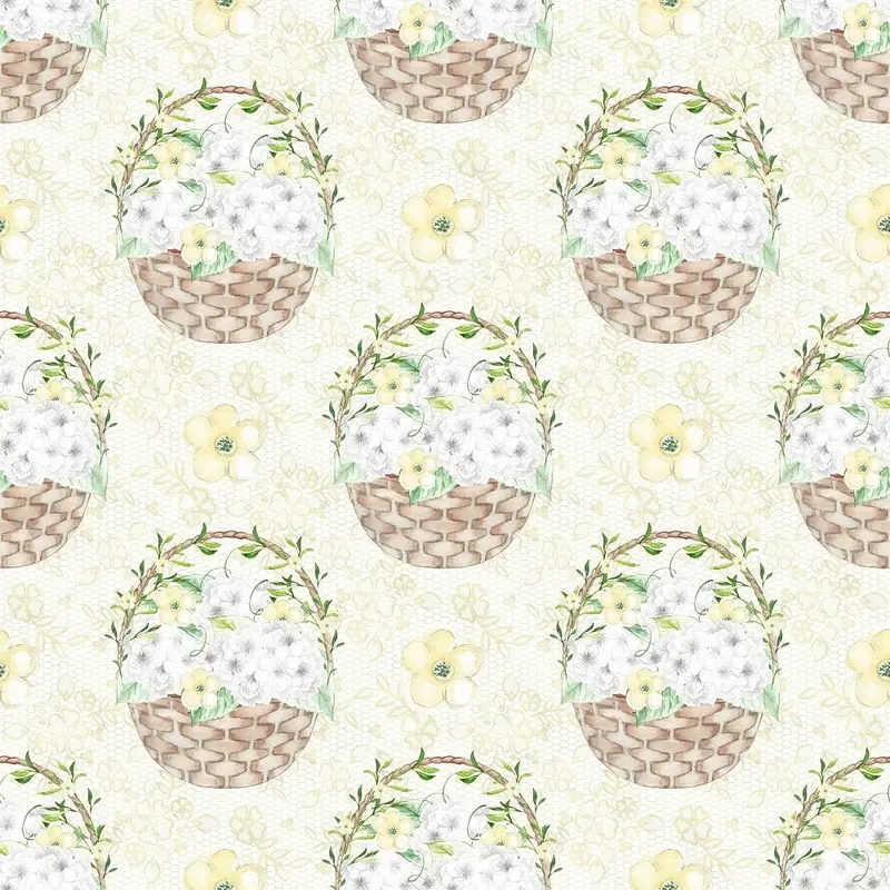 White Hydrangeas Baskets Fabric - Yellow