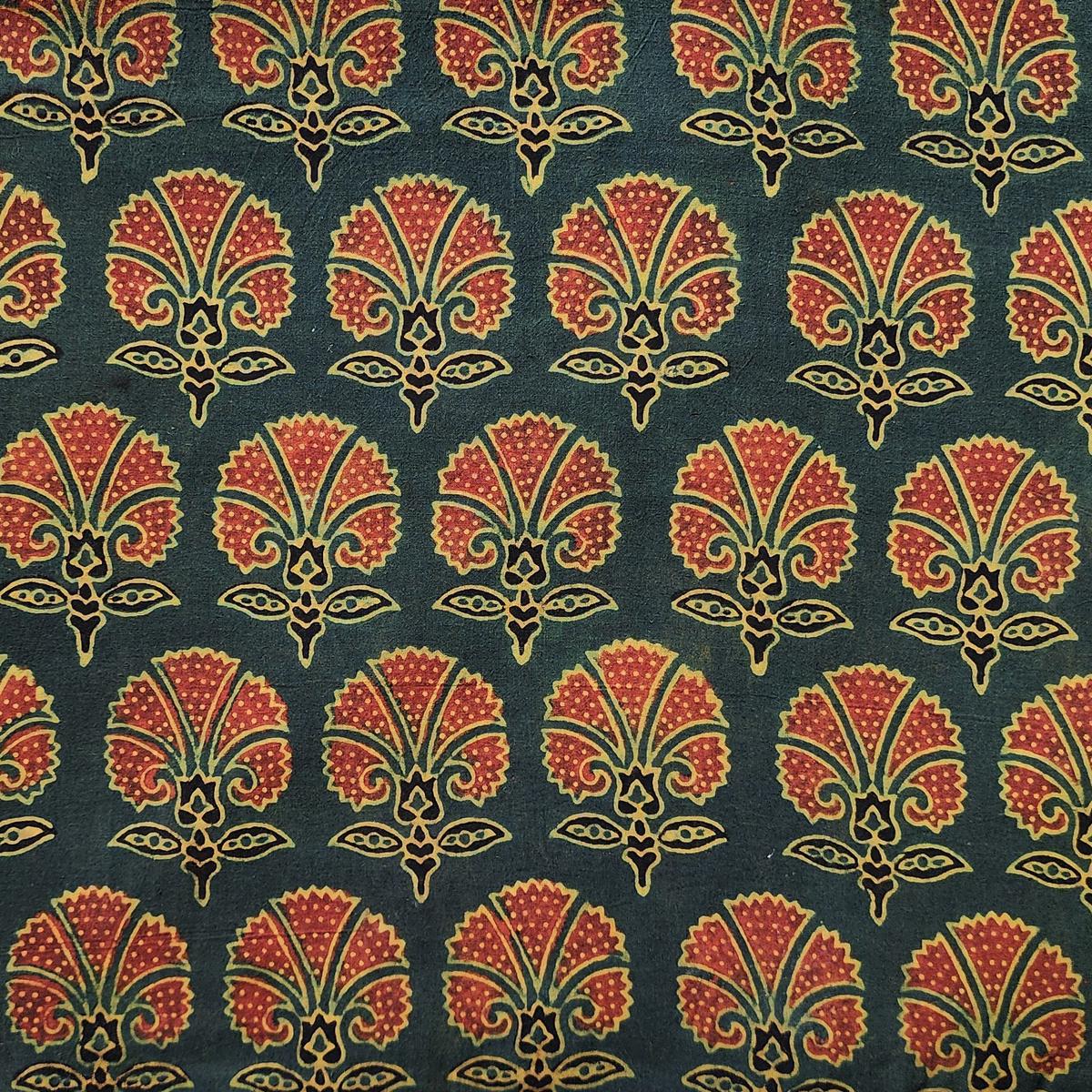 Pure Cotton Gad Ajrak Green With Rust Red Flower Motif Hand Block Print Fabric