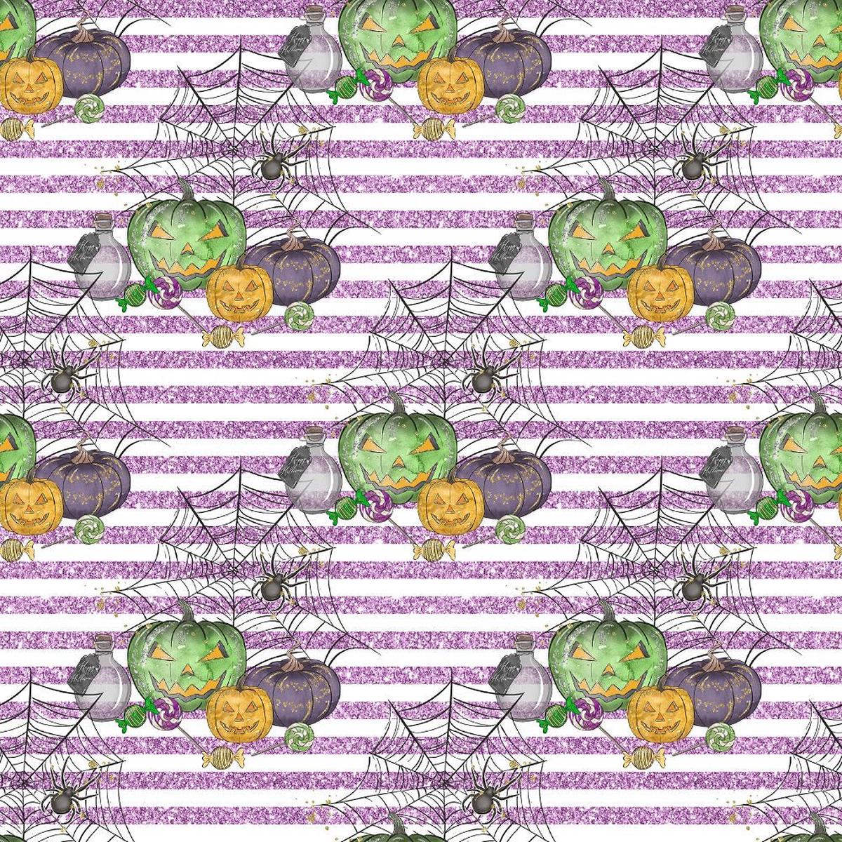 Halloween Candy Elements on Stripes Fabric - Purple