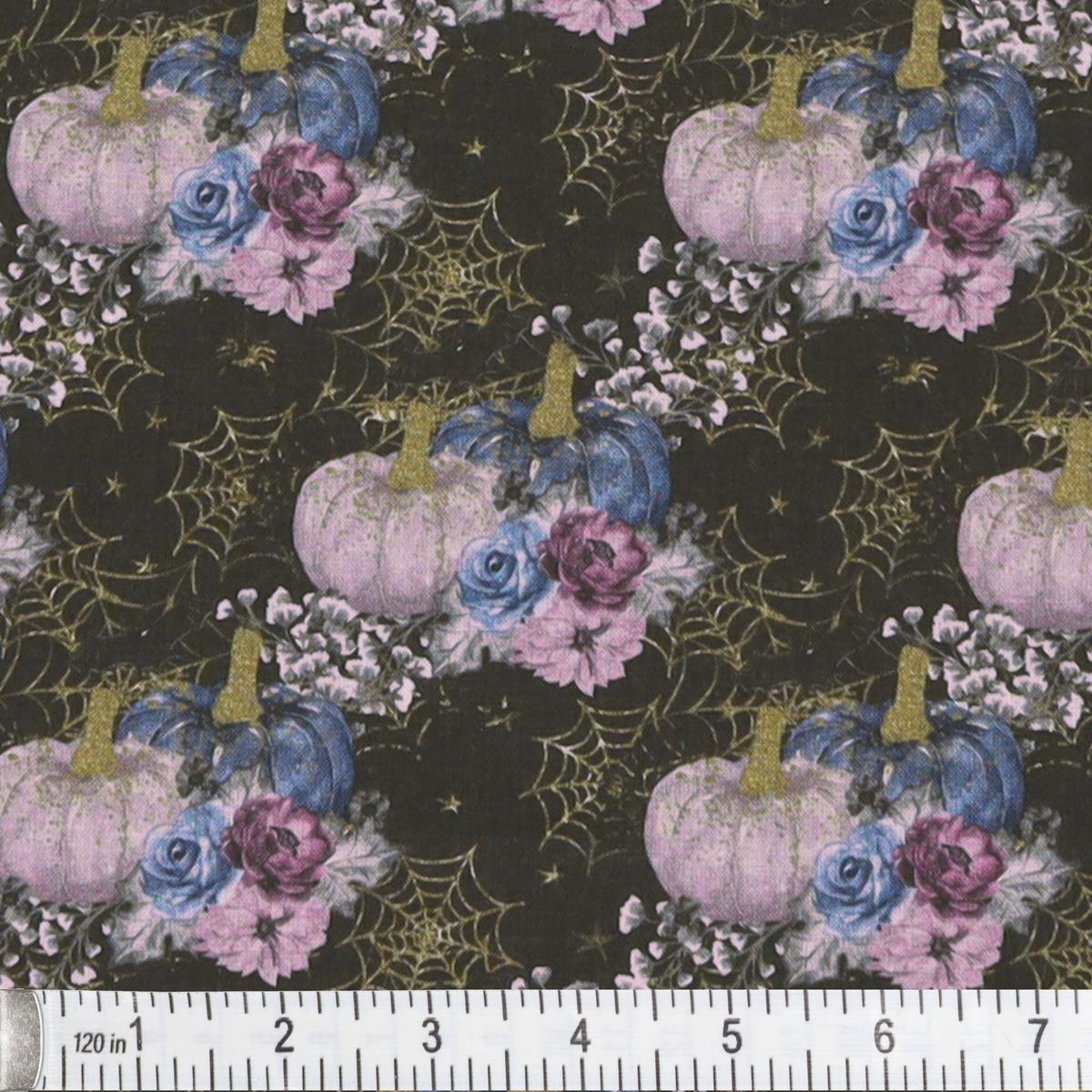 Elegant Pumpkins on Gold Webs Fabric - Gray