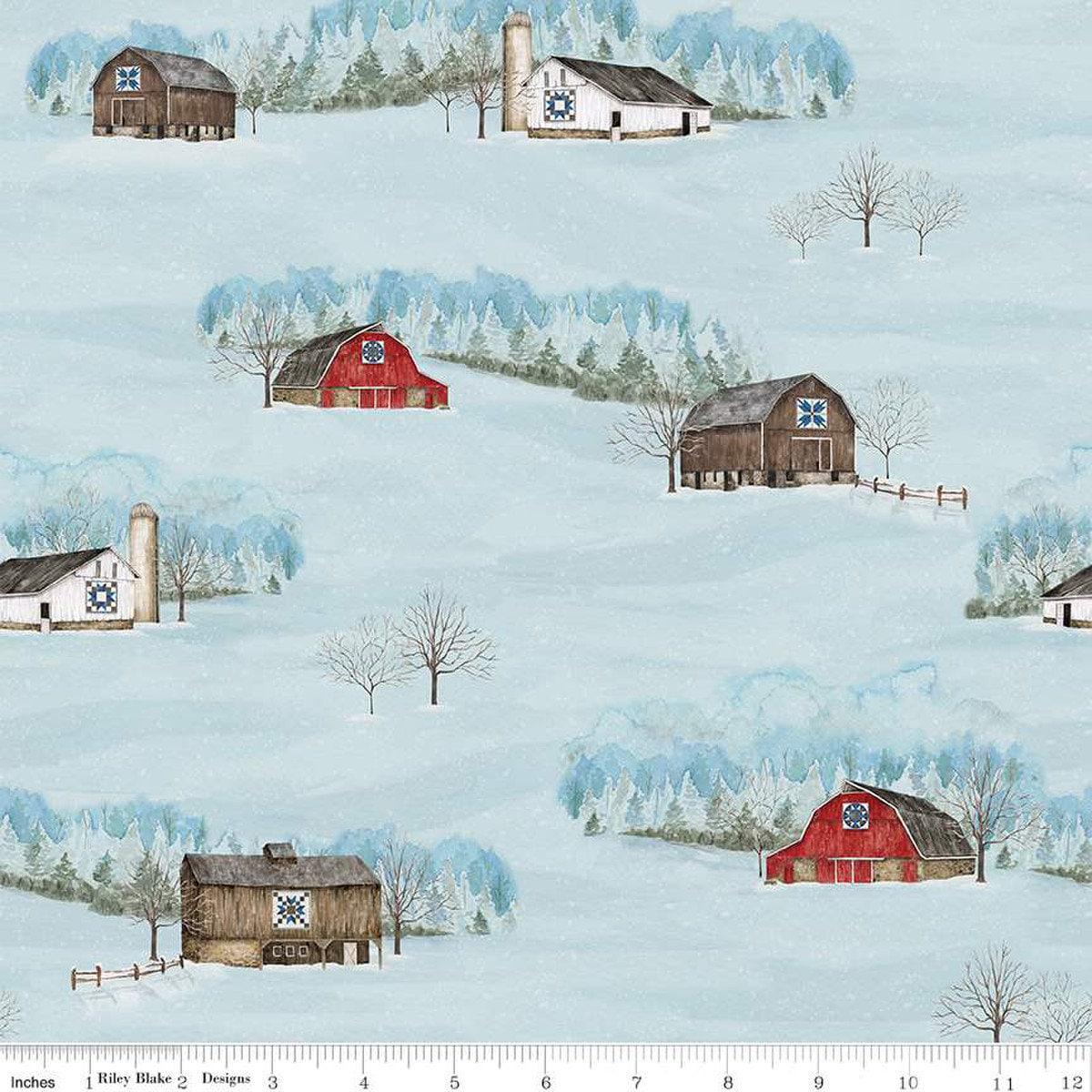 35" End of Bolt - Winter Barn Quilts Main CD12080 Sky - Riley Blake Designs - DIGITALLY PRINTED Barns Trees Snow - Quilting Cotton