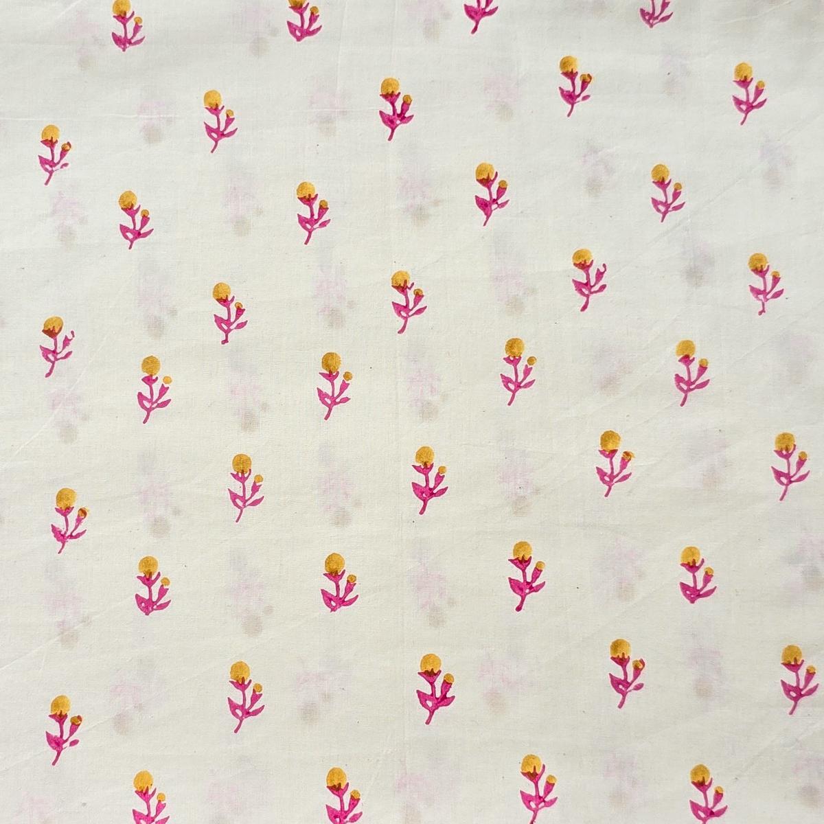 Pure Cotton Discharge Off White With Yellow Tiny Flower Motif Hand Block Print Fabric