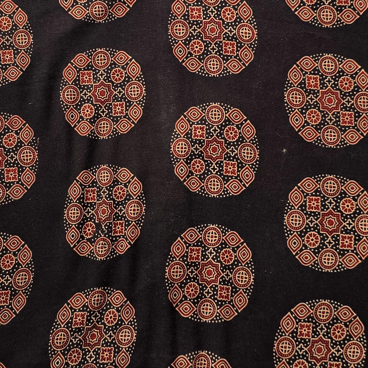 Pure Cotton Vegetable Dyed Ajrak Rust Black With Space Out Circle Motifs Hand Block Print Fabric
