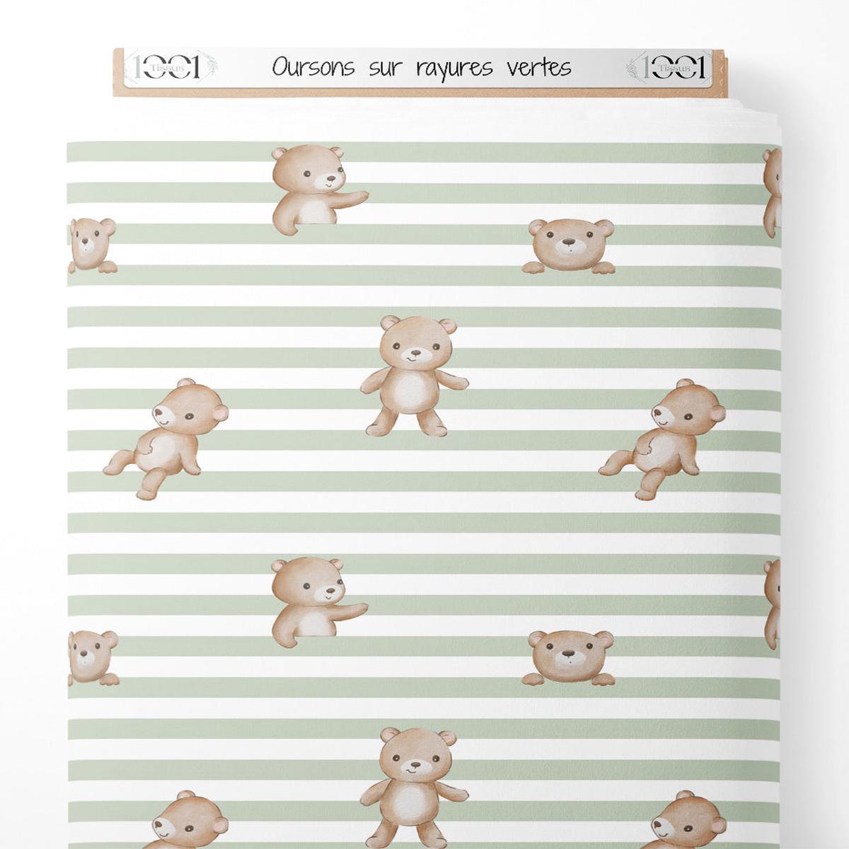 Tissu - Oursons sur rayures vertes
