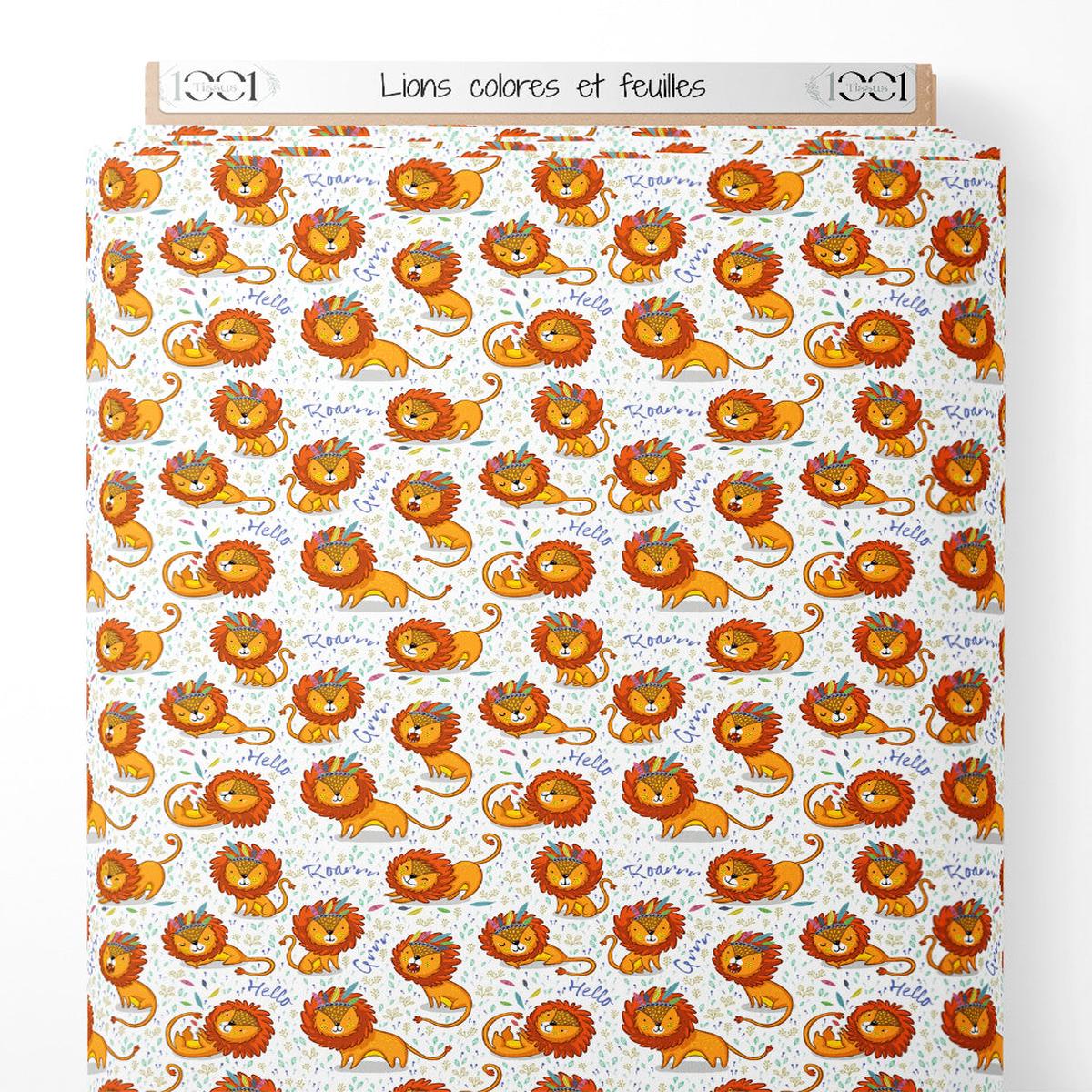 Tissu - Lions colors et feuilles
