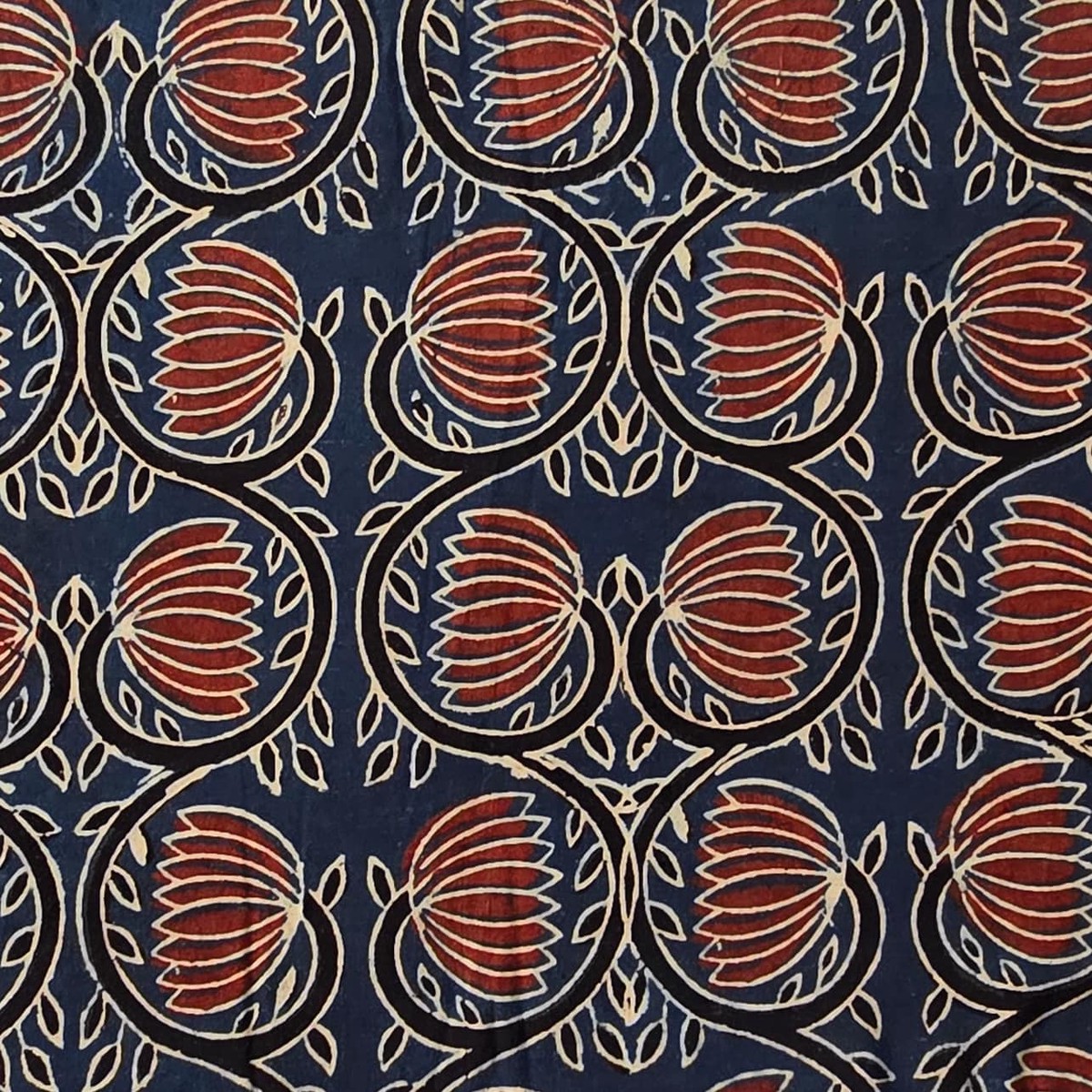 Pure Cotton Ajrak Blue With Red Lotus Jaal Hand Block Print Fabric