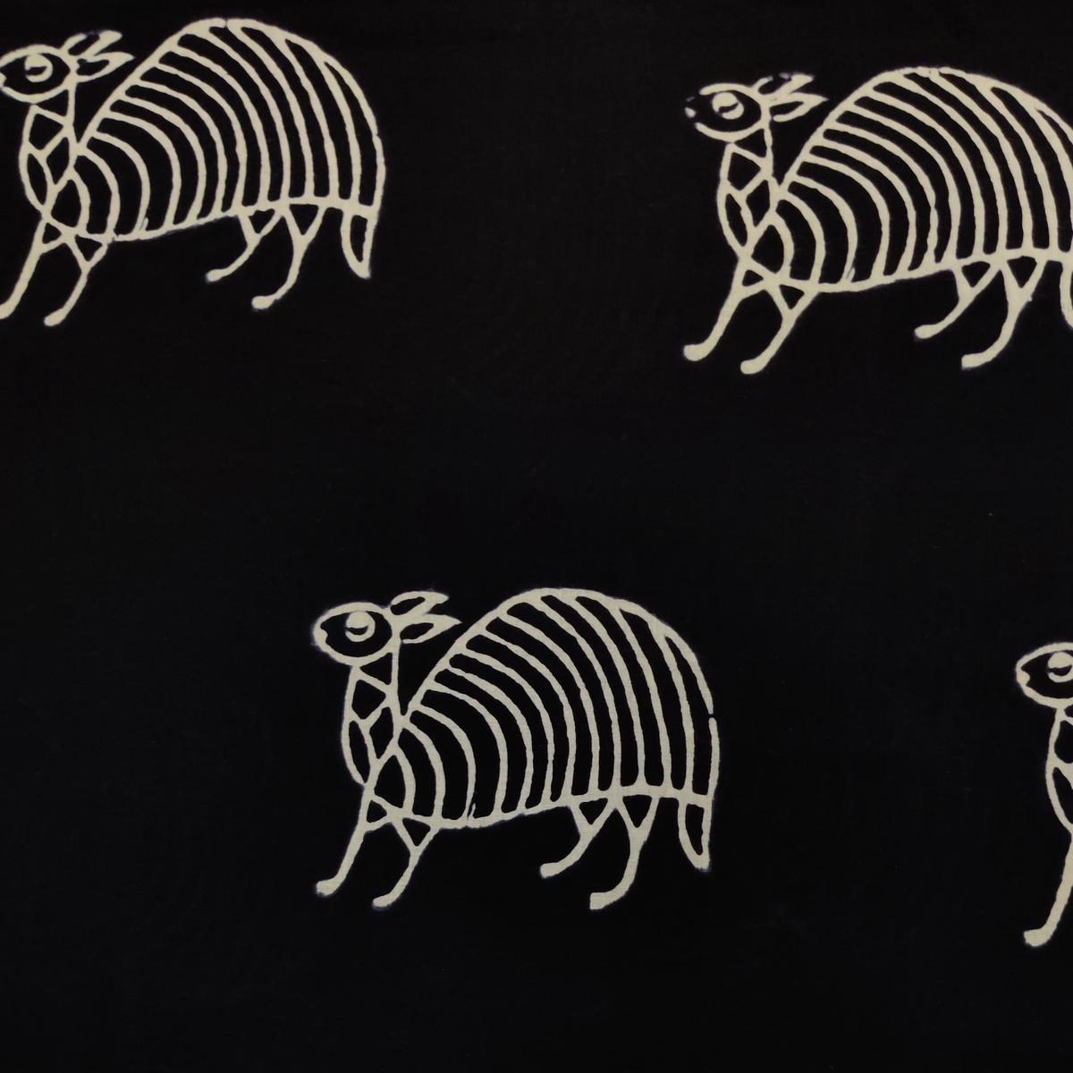 Pure Cotton Black With White Animal Hand Block Print Fabric