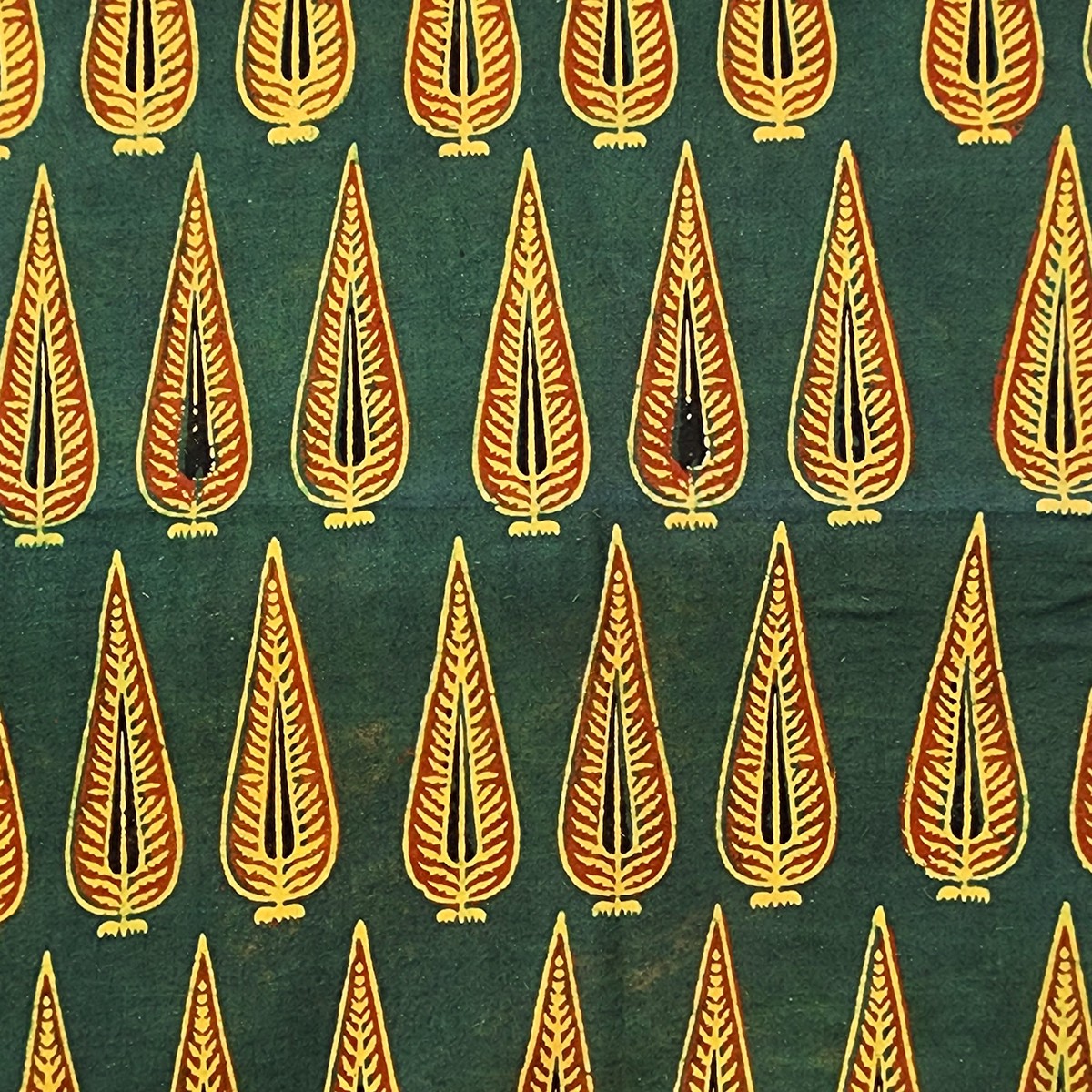 Pure Cotton Ajrak Green With Red And Yellow Big Leafs Hand Block Print Fabric