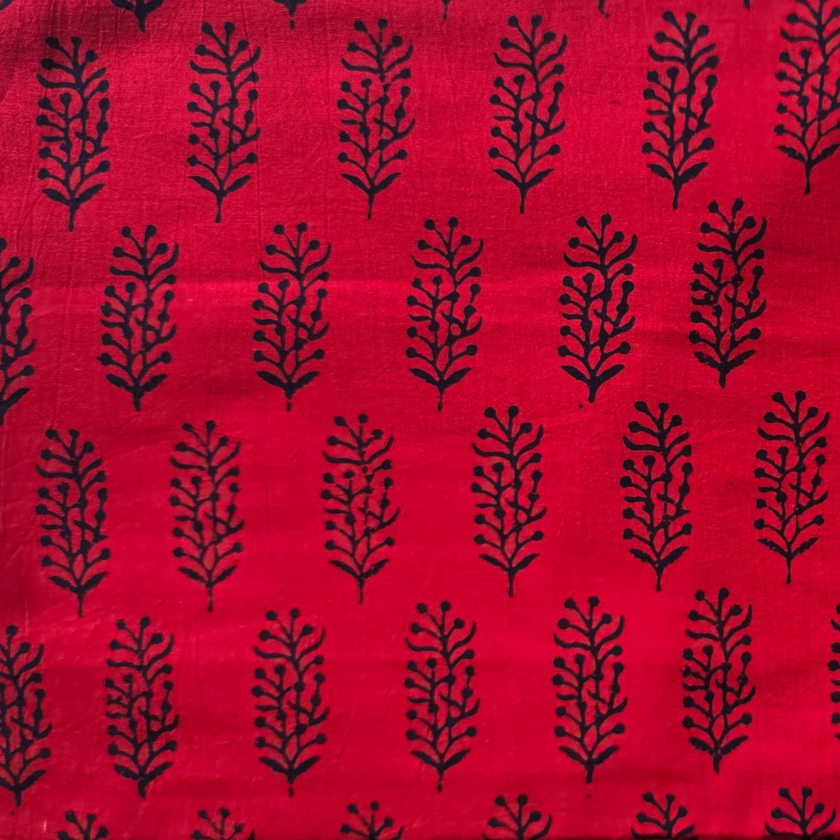 Pure Cotton Gamthi Red With Black Plant Motif Hand Block Print Fabric