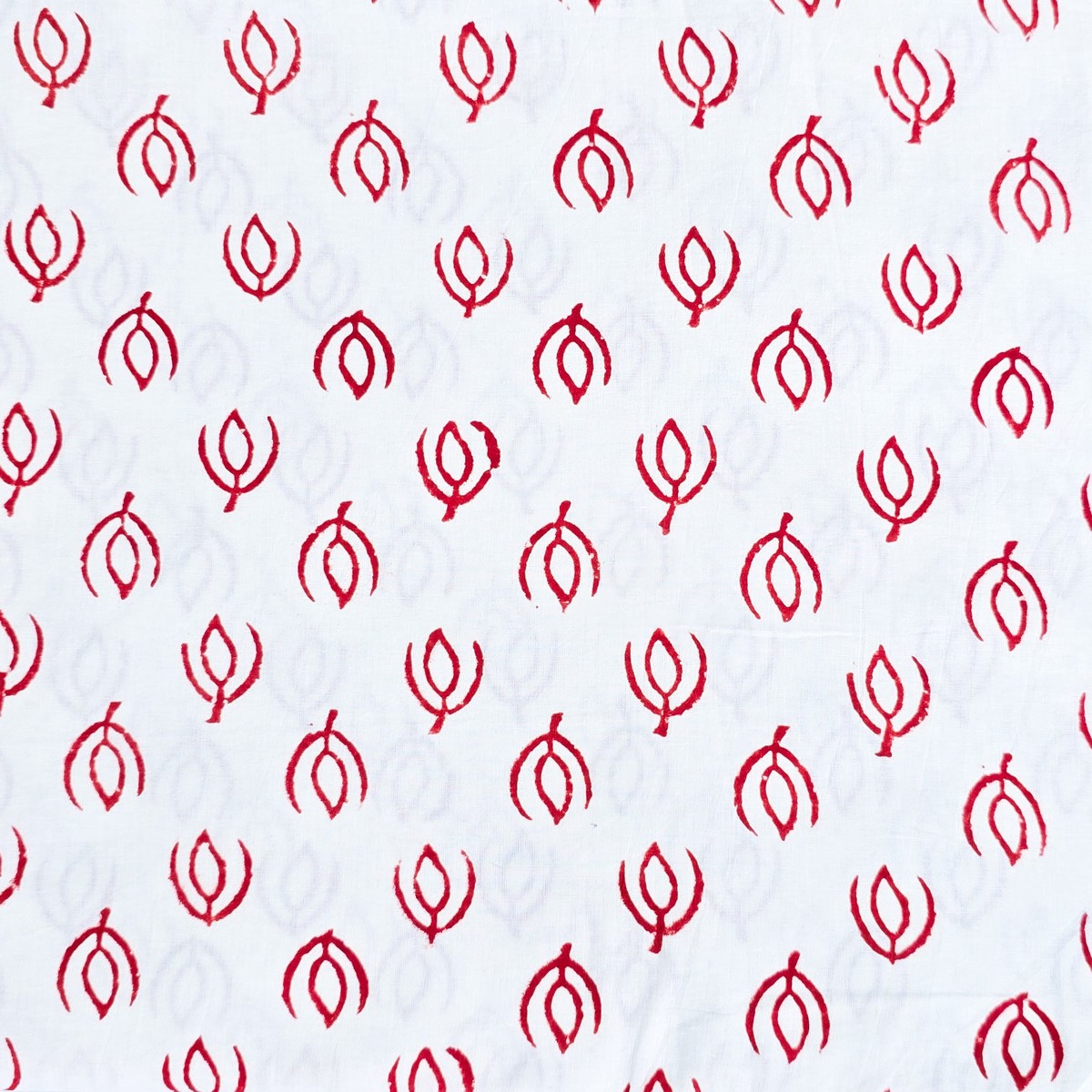 Pure Cotton Dabu White With Red Outline of tulips Hand Block Print Fabric