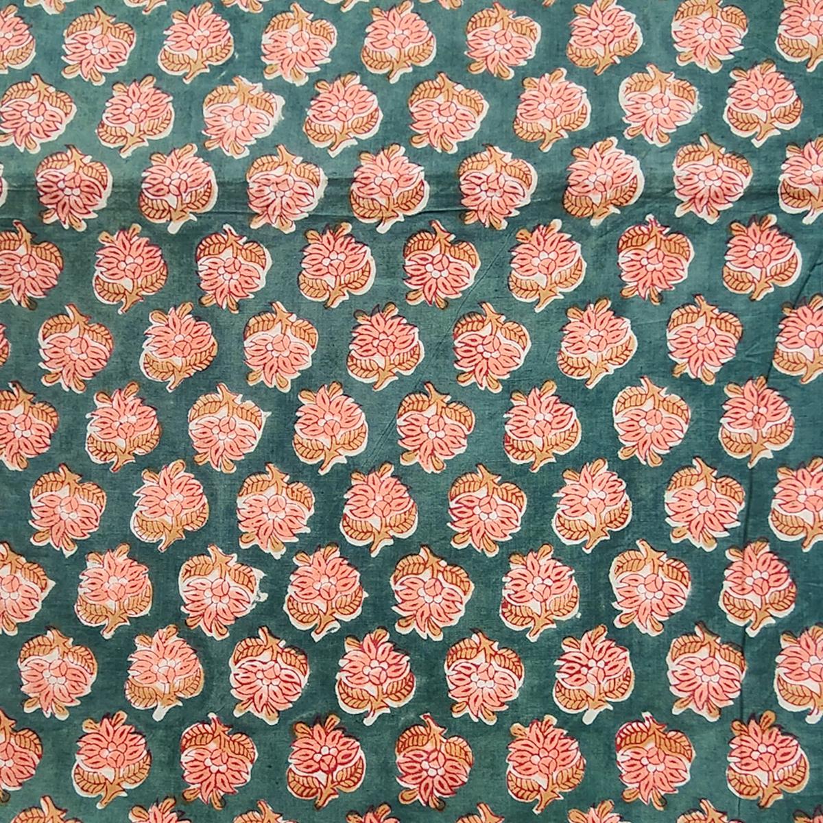 Pure Cotton Jaipuri Green With Peach Flower Motif Hand Block Print Fabric