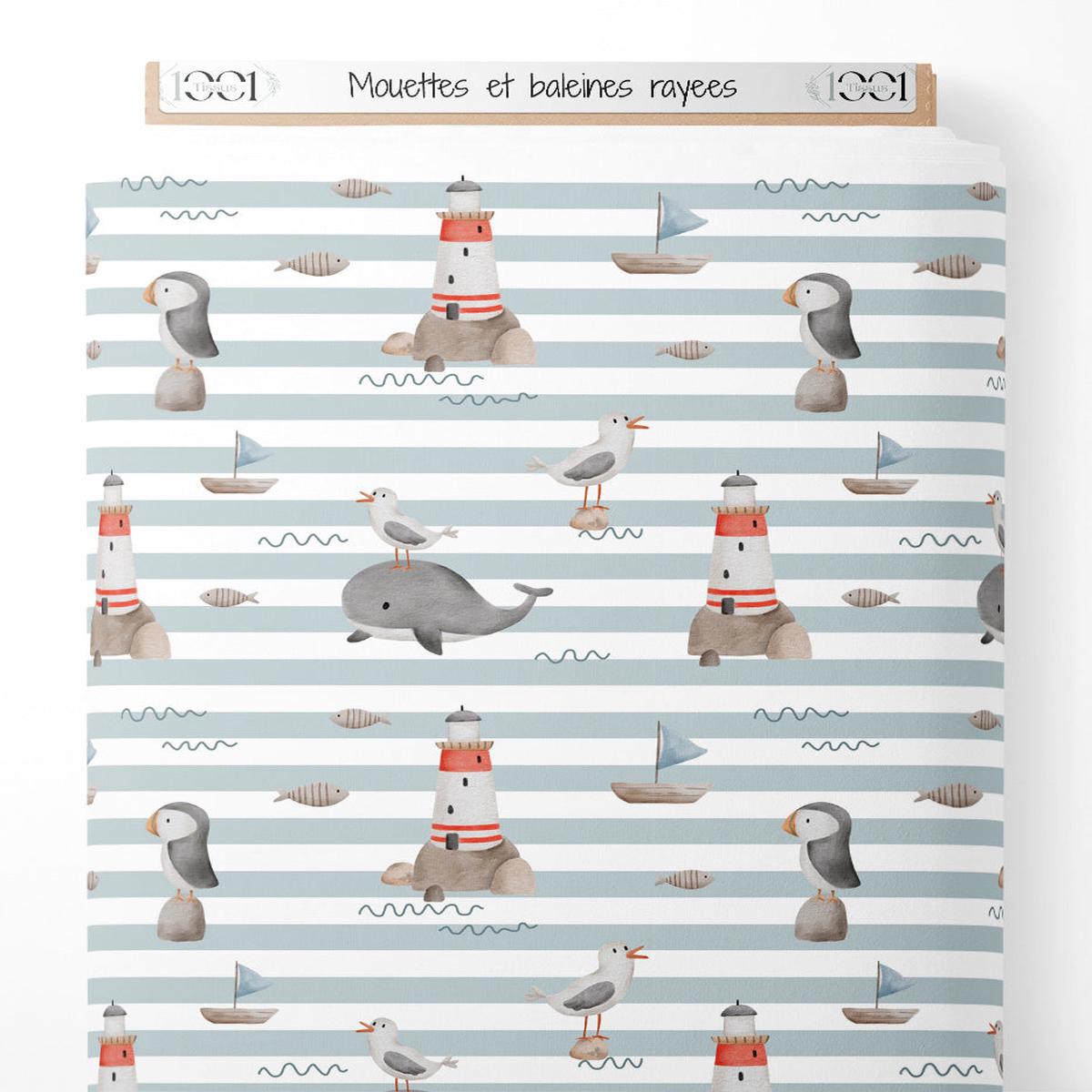 Tissu - Mouettes et baleines rayes