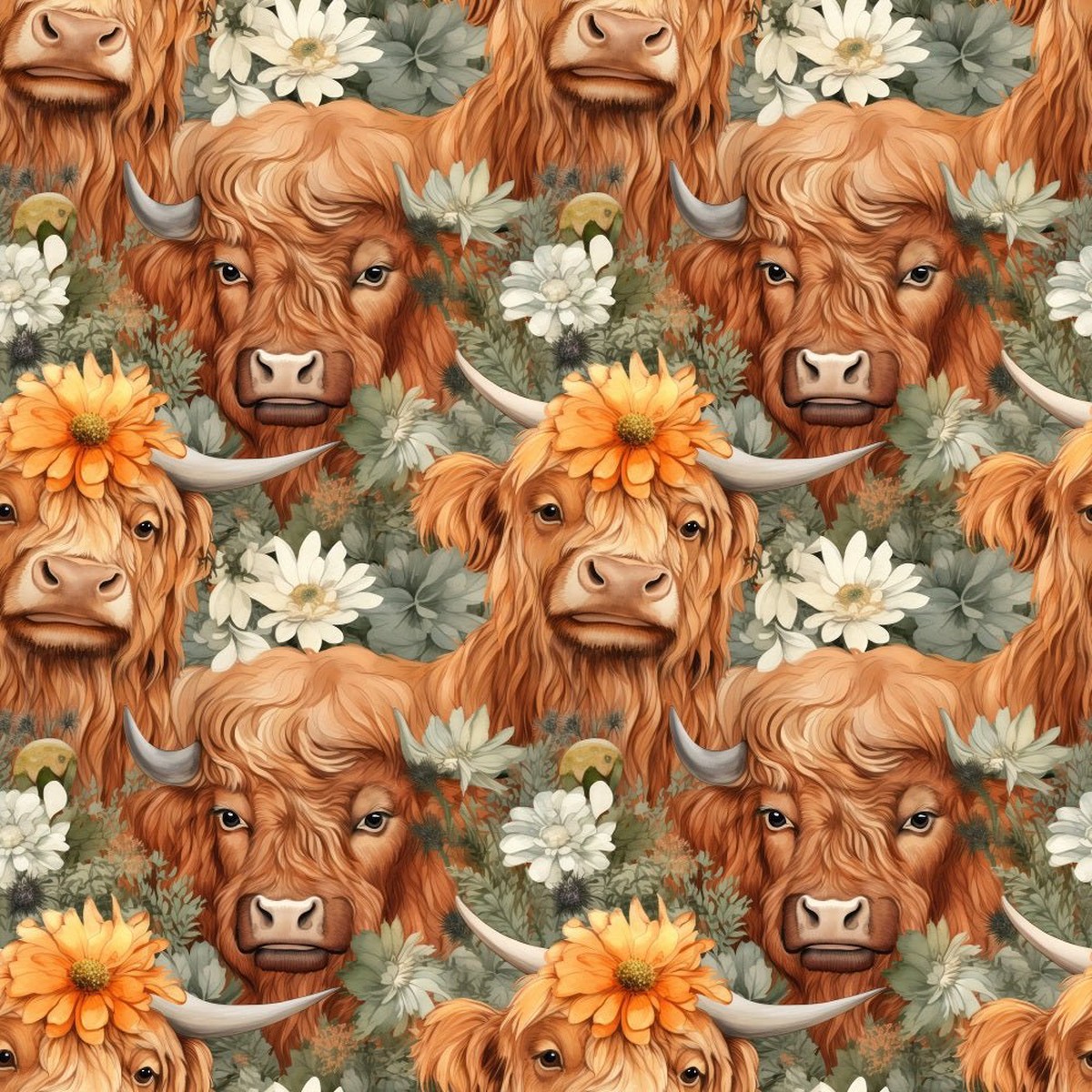 Boho Highland Cows 18 Fabric