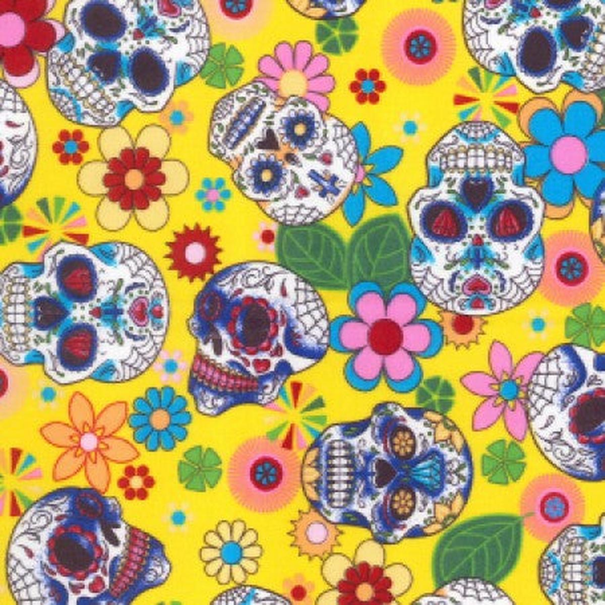 1 Metre 100% Cotton Poplin Fabric x 112cm / 44" - Yellow Floral Skull - Y312