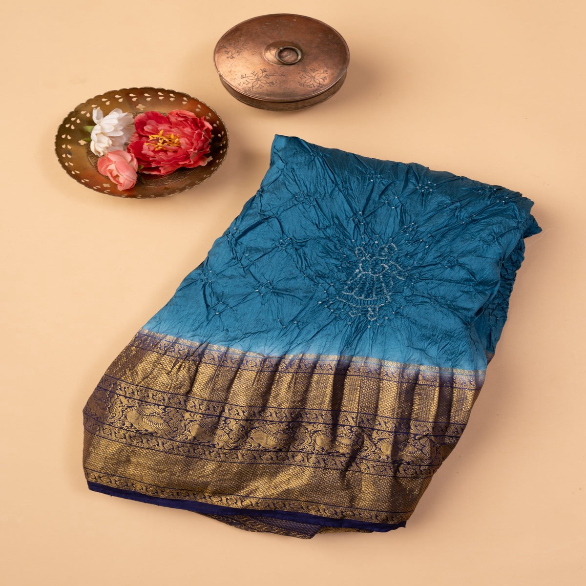 Kanchipuram Silk Bandhani Butta Blue Saree