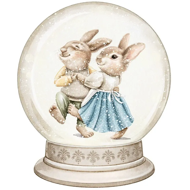 Christmas Little Critters Dancing Bunnies in Snow Globe Fabric Panel