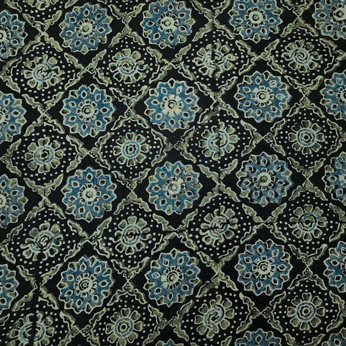 Pure Cotton Ajrak Brown With Diagonal Mesh Flowers Motifs Hand Block Print Fabric