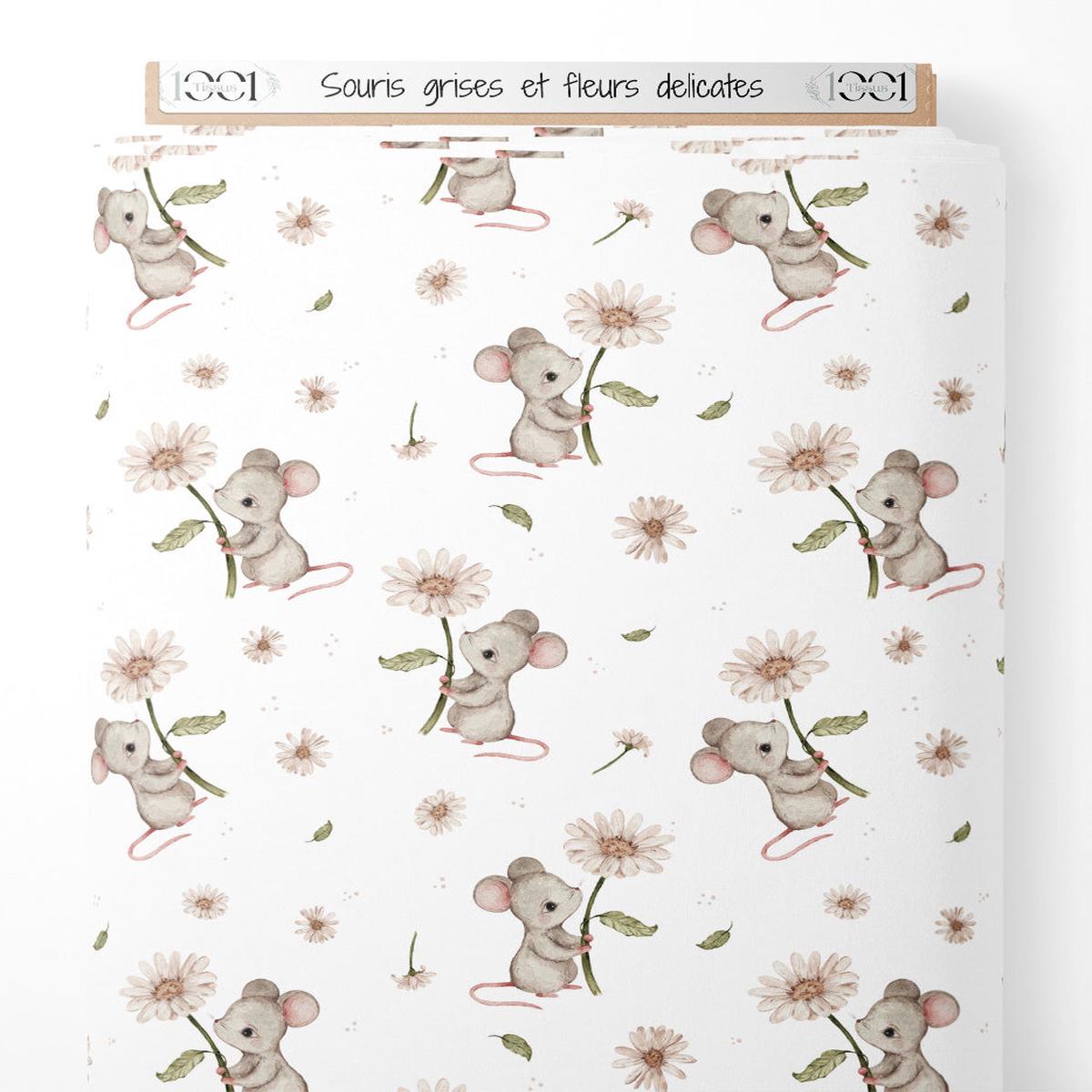 Tissu - Souris grises et fleurs dlicates