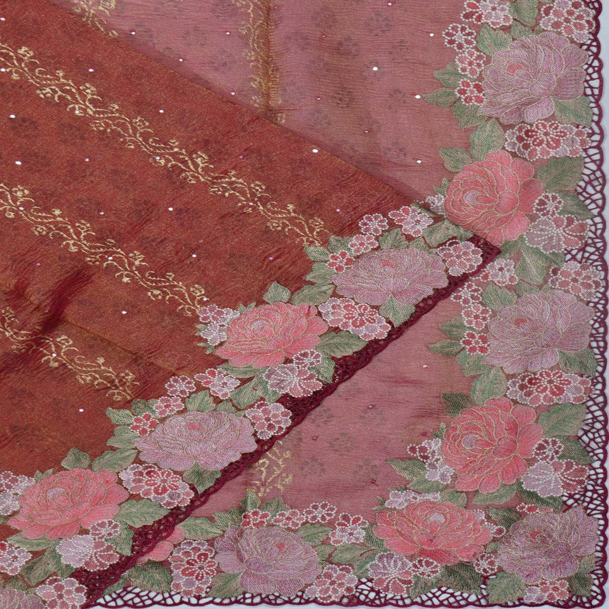 Crushed Organza Tissue Butta Maroon Saree With Cut Work Embroidery Border