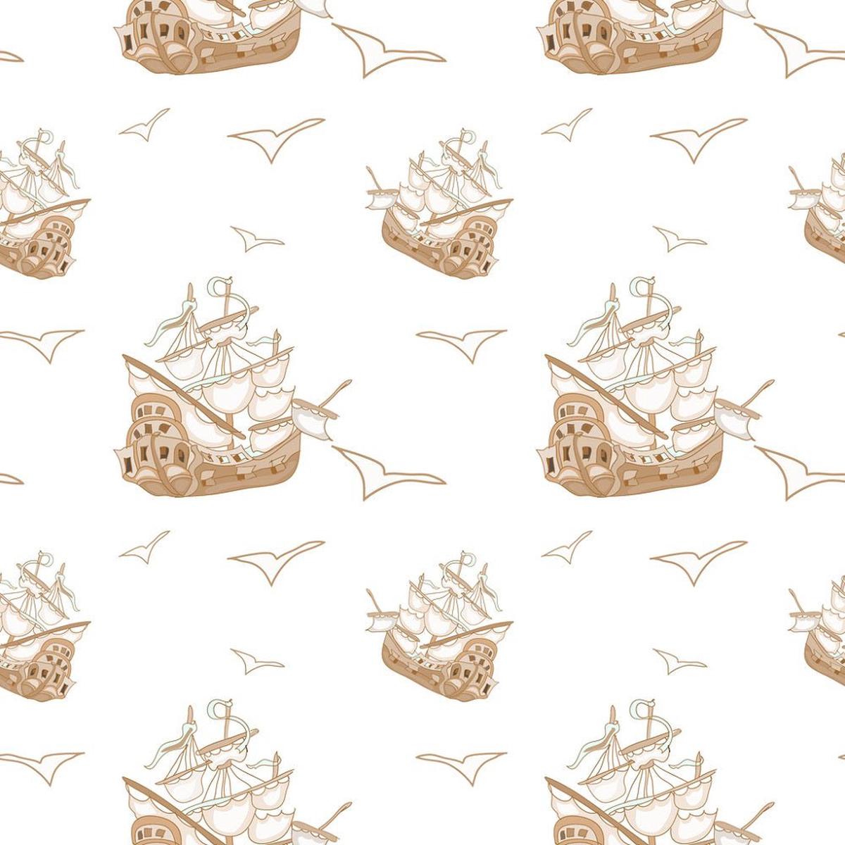Pirate Adventure Ship Fabric - White