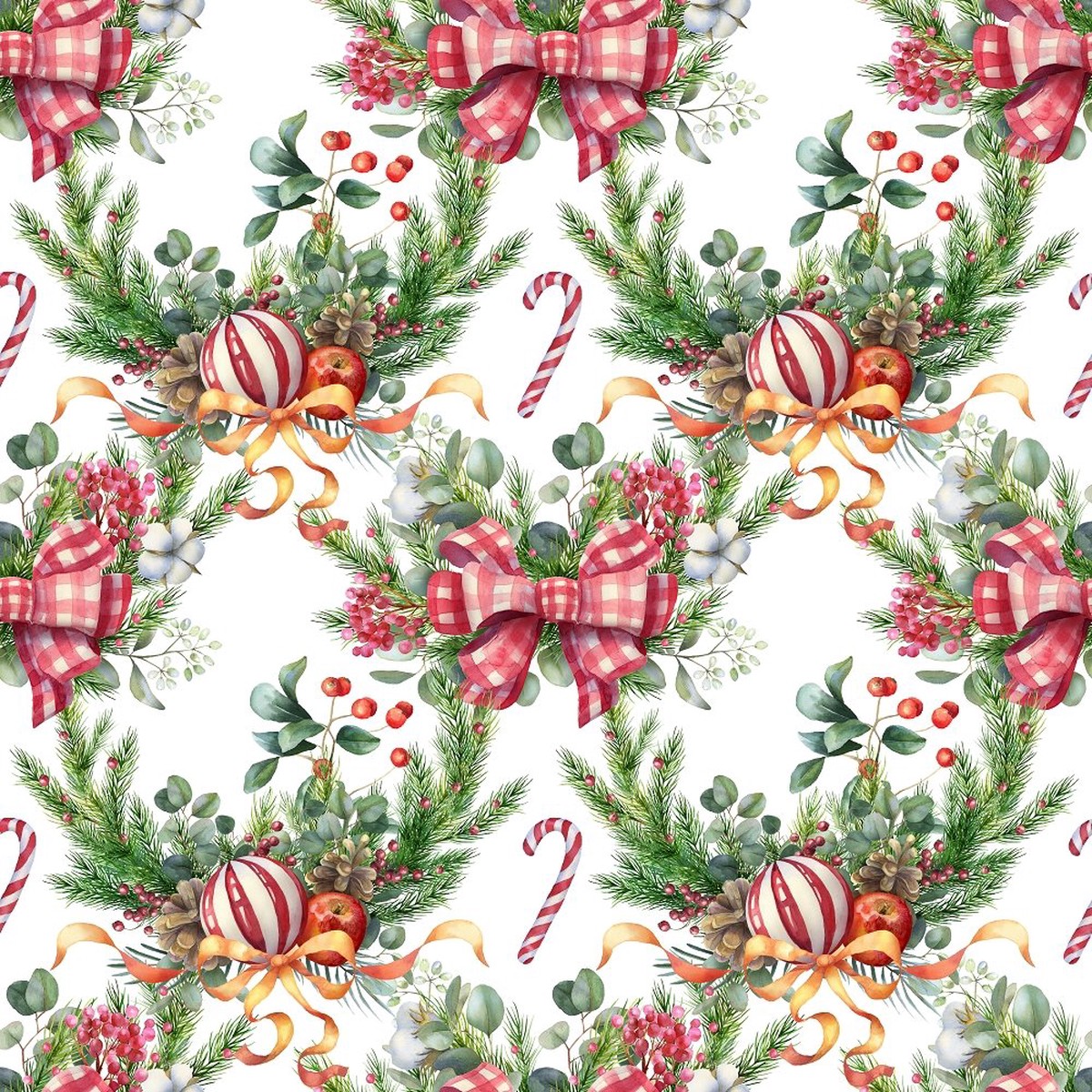Christmas Farmhouse Bow Wreath Fabric - White