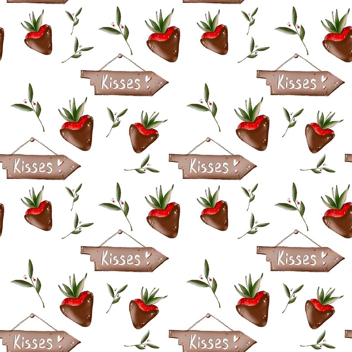 Chocolate Cover Strawberries and Kisses Fabric - White