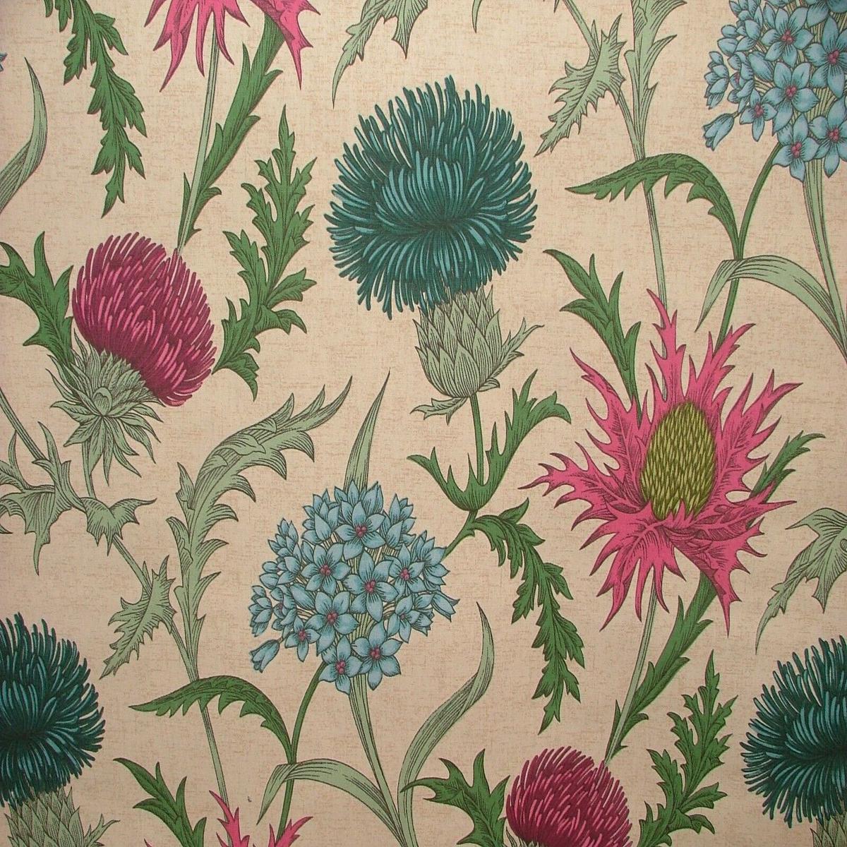 Cotton Curtain Upholstery Fabric Scottish Thistle Carmine Cushion Roman Blind