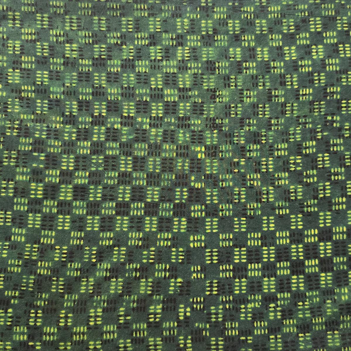 Pure Cotton Ajrak Green With Black Yellow Geometrical Square Design Hand Block Print Fabric