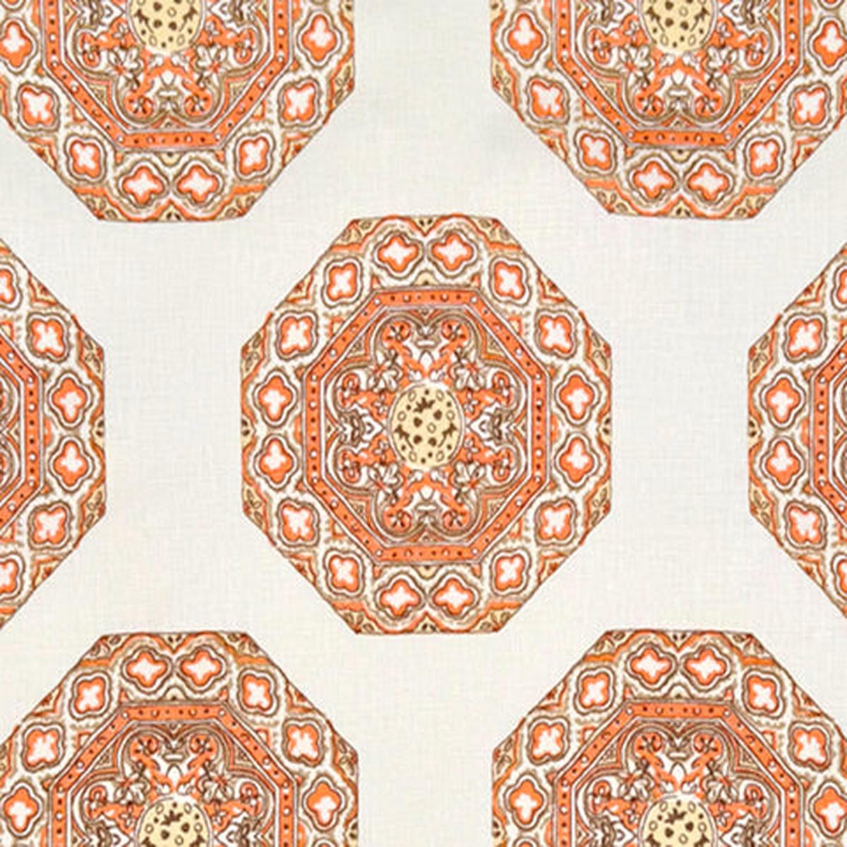 Home Couture Fabric: Medallion - Melon / Taupe / Camel on Cream 100% Linen