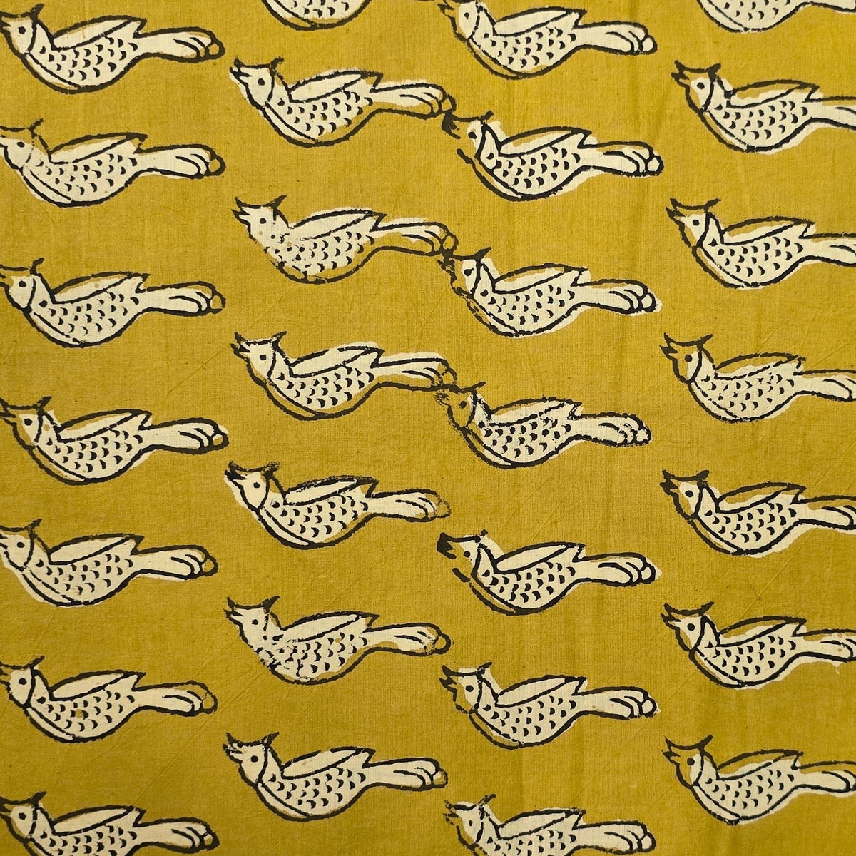 Pure Cotton Bagru Mustard With Cream Birds Hand Block Print Fabric