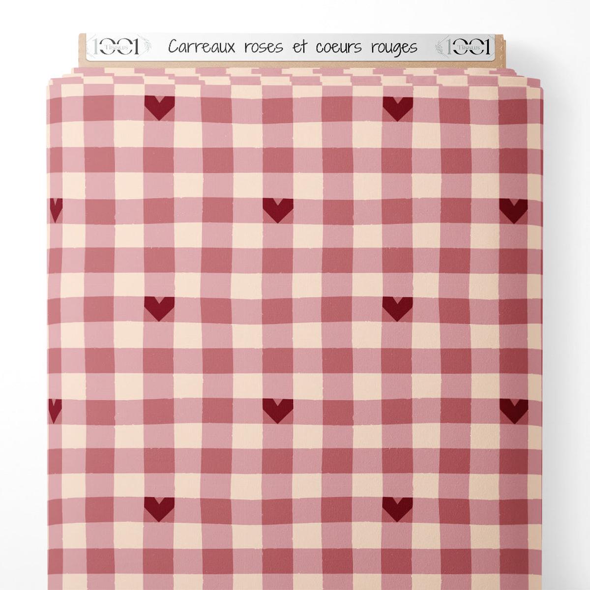Tissu - Carreaux roses et curs rouges