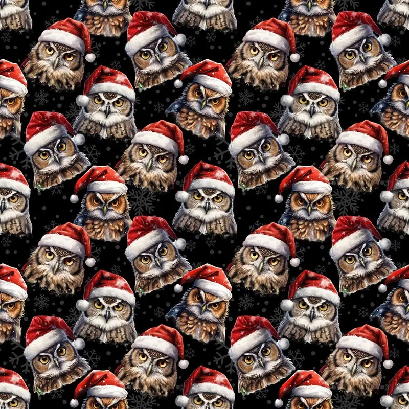 Owls In Santa Hats Fabric - Black