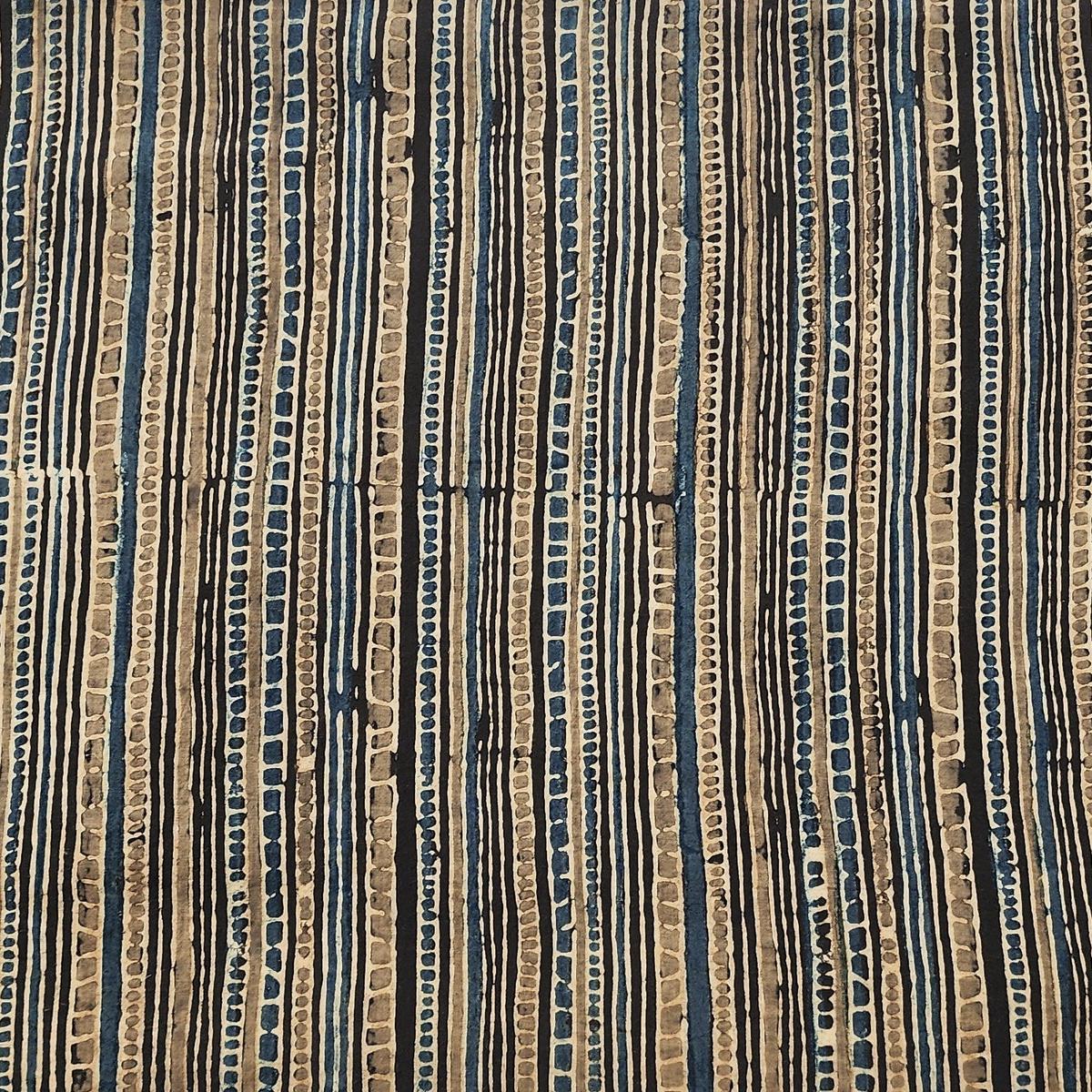 Pure Cotton Gad Ajrak Taupe With Rust Blue Small Checks And Stripes Hand Block Print Fabric