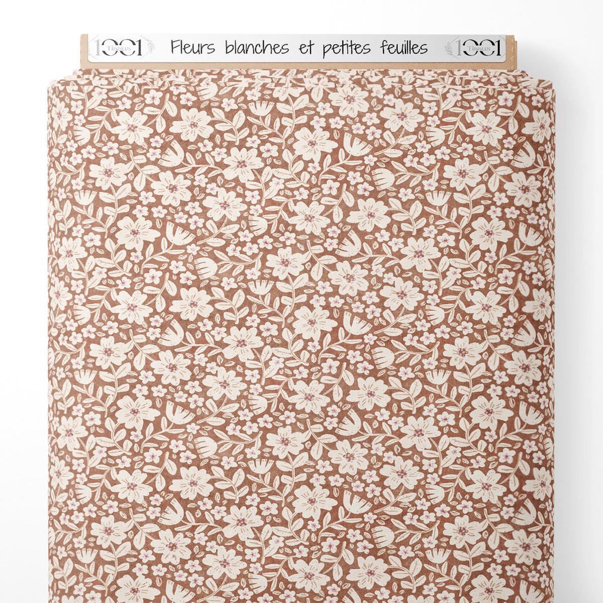 Tissu - Fleurs blanches et petites feuilles
