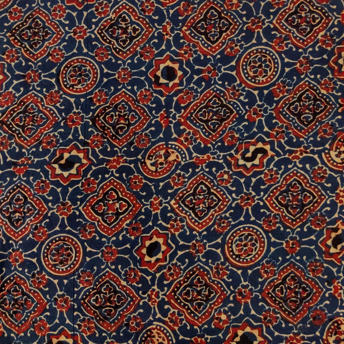 Pure Cotton Blue Ajrak With Persian Tiles Hand Block Print Fabric
