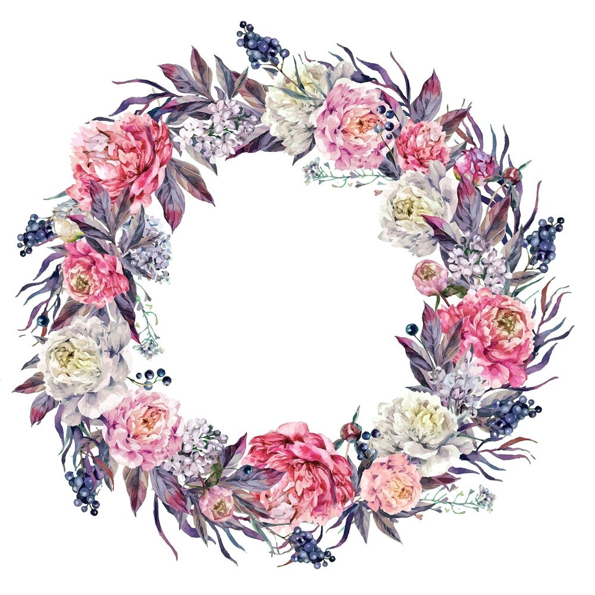 Peonies Lilac Berries Wreath Fabric Panel