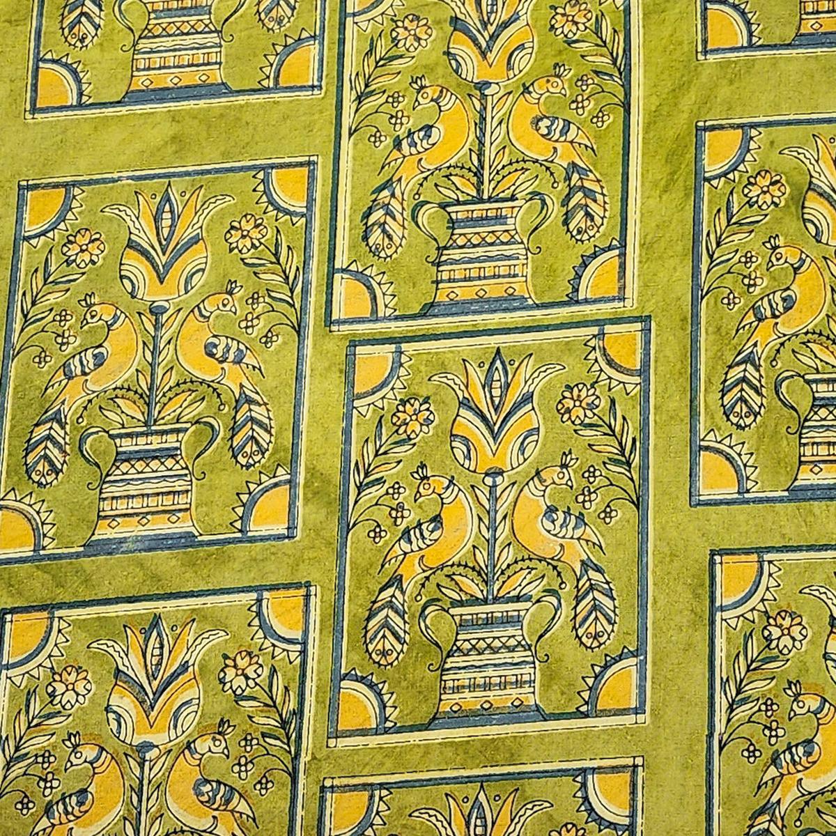 Pure Cotton Vanaspati Green With Square Flower Pot Design Motif Hand Block Print Fabric