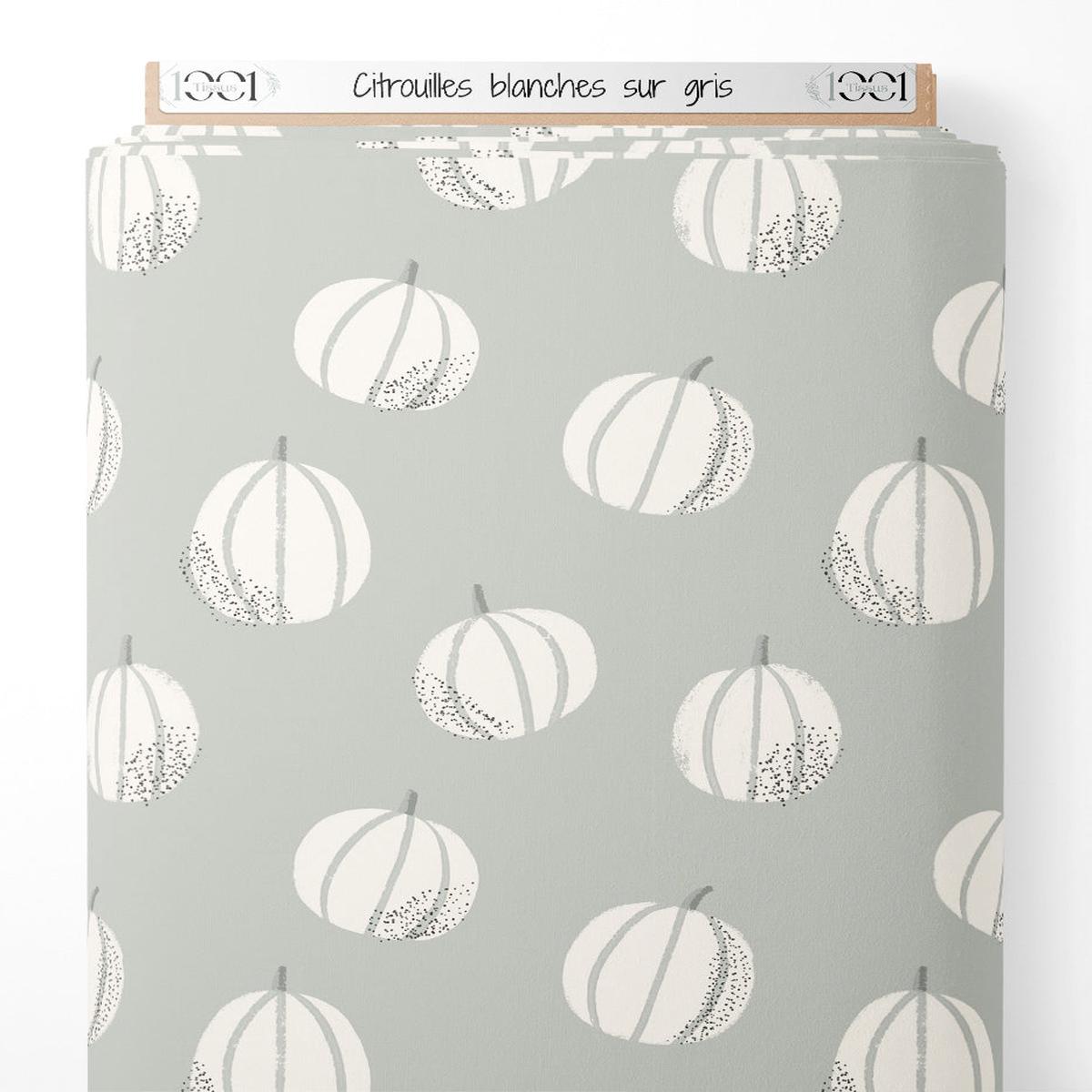 Tissu - Citrouilles blanches sur gris